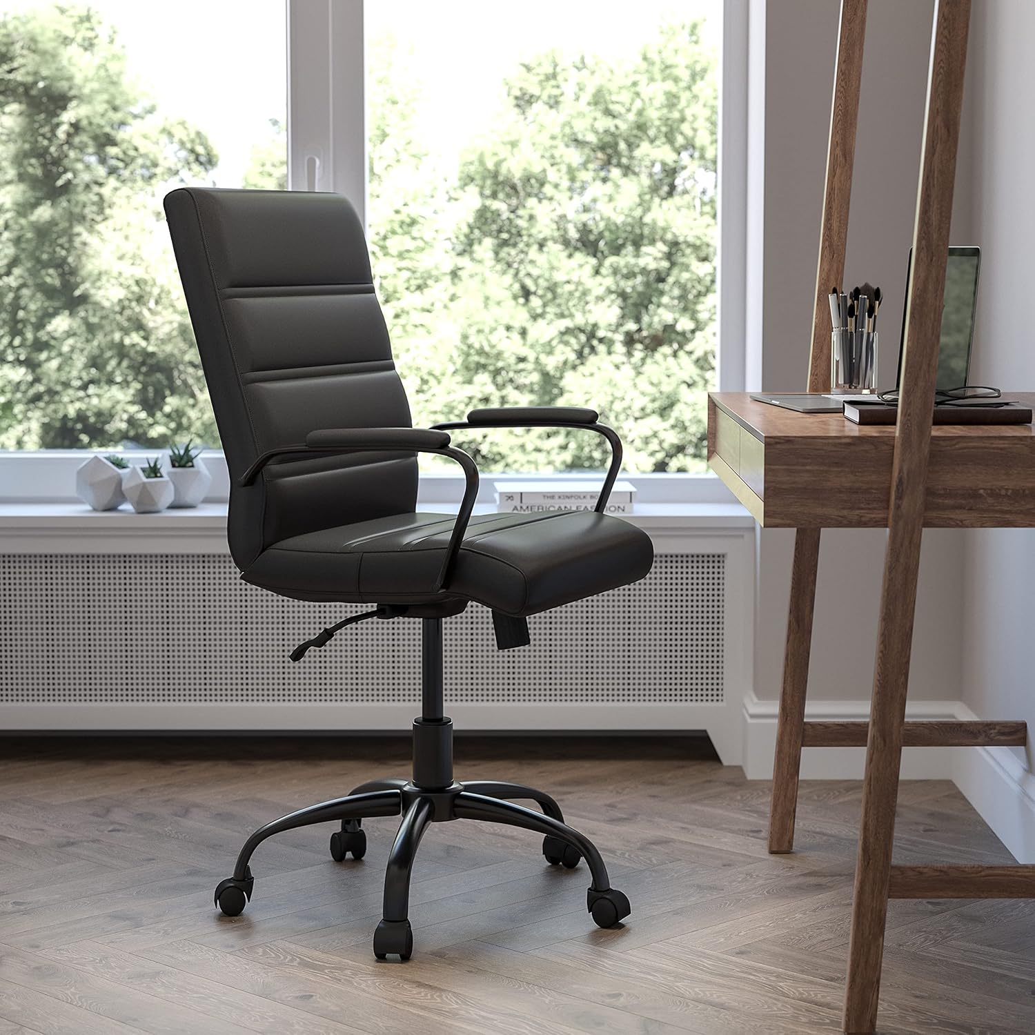 Flash Furniture Whitney Mid-Back Swivel LeatherSoft Desk Chair with Padded Seat and Armrests, Adjustable Height Padded Office Chair, Black