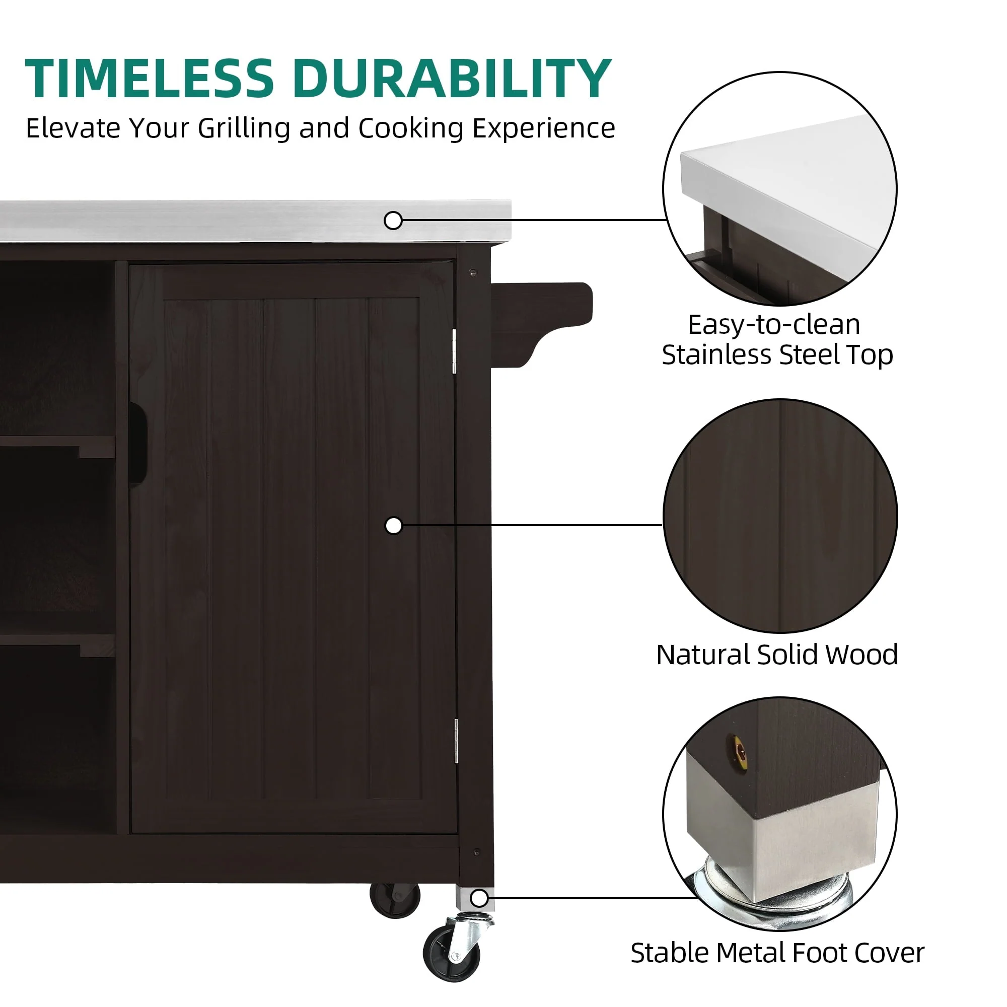 Dextrus XL Solid Wood Outdoor Storage Cabinet - Versatile Movable Outdoor Grill Cart with Stainless Steel Top, Spice Rack, and Side Handle, BBQ Patio Table, Outdoor Small Kitchen Table - Image 7