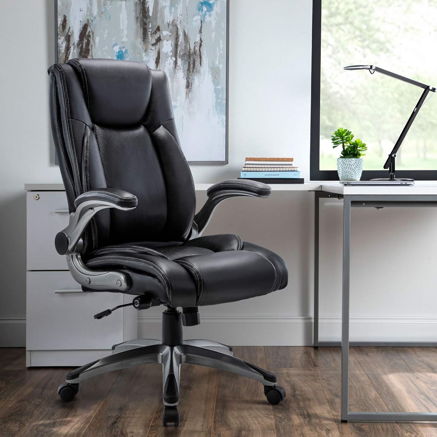 COLAMY Ergonomic Office Chair, High Back Leather Desk Chair with Adjustable Lumbar Knob, Thick Cushion Seat, Flip-up Armrests, Rocking Function, Computer Chair for Home Office, Black