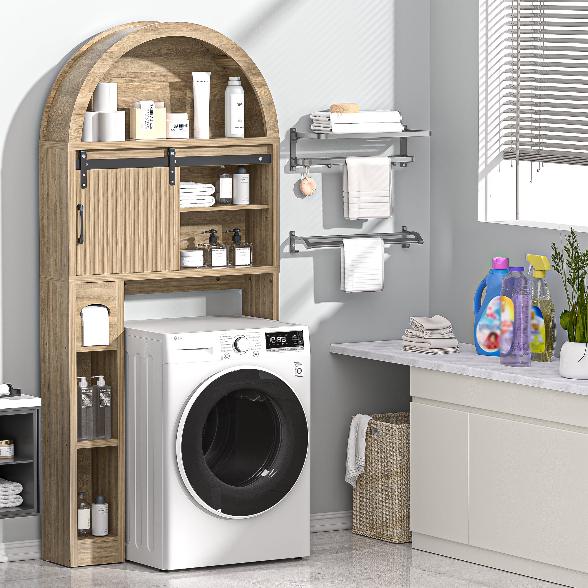 HARIPUL Over The Toilet Storage Cabinet w/ Unique Wood Grain & Arc Design, Freestanding Bathroom Shelf Organizer Space Saver w/ Doors & Anti-Tip Device, Wood Color - Image 56