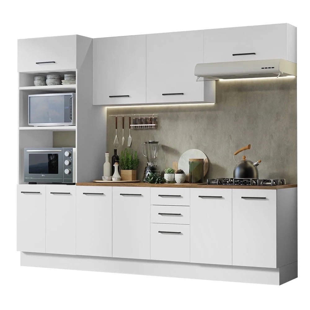 Madesa Full Set Hazel Kitchen Storage Cabinet 107 Inch Wooden Organization Unit with Multiple Compartments Engineered Wood Slab Doors Painted Finish Floor Mount Removable Plinth - White/Brown