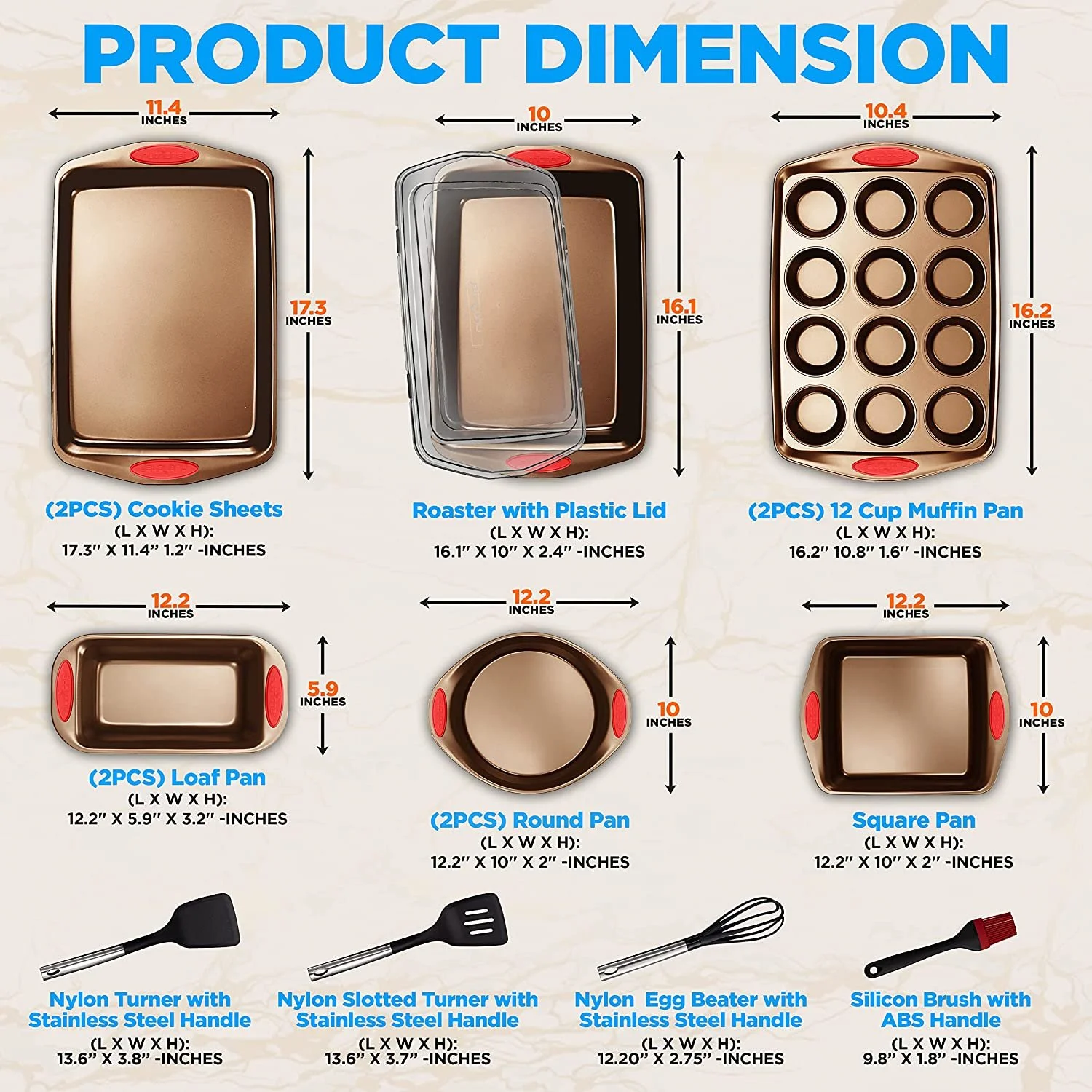 NutriChef Baking Pan 15-Piece Nonstick Golden Carbon Steel Bakeware Set
