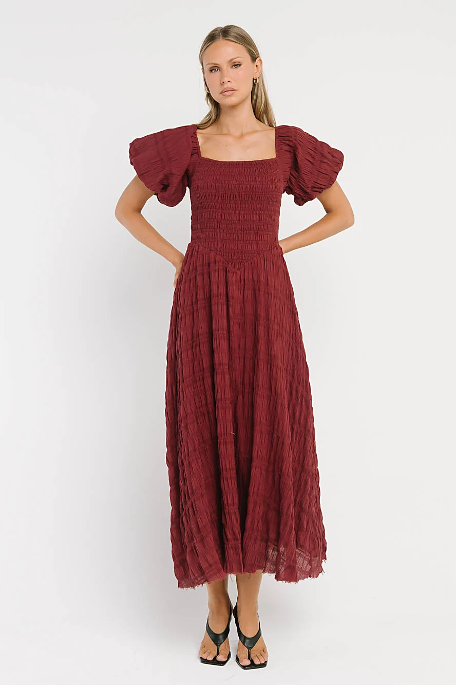 Beckie Smocked Maxi Dress in Burgundy