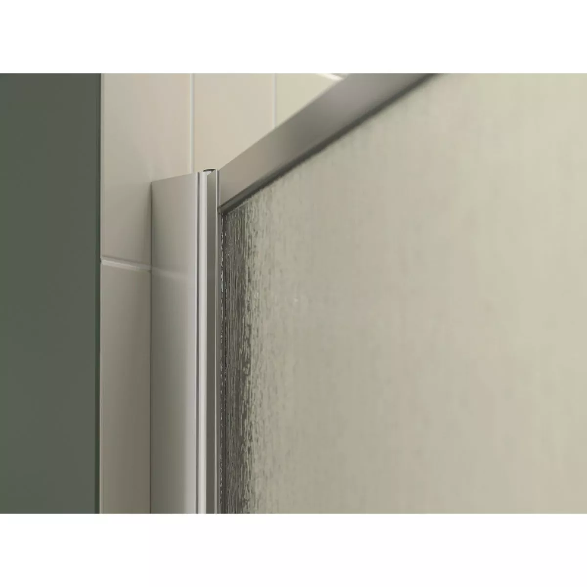 Sterling 32-3/4 In. - 34-1/4 In. W x 65 In. H Silver Standard Rain Textured Glass Pivot Shower Door