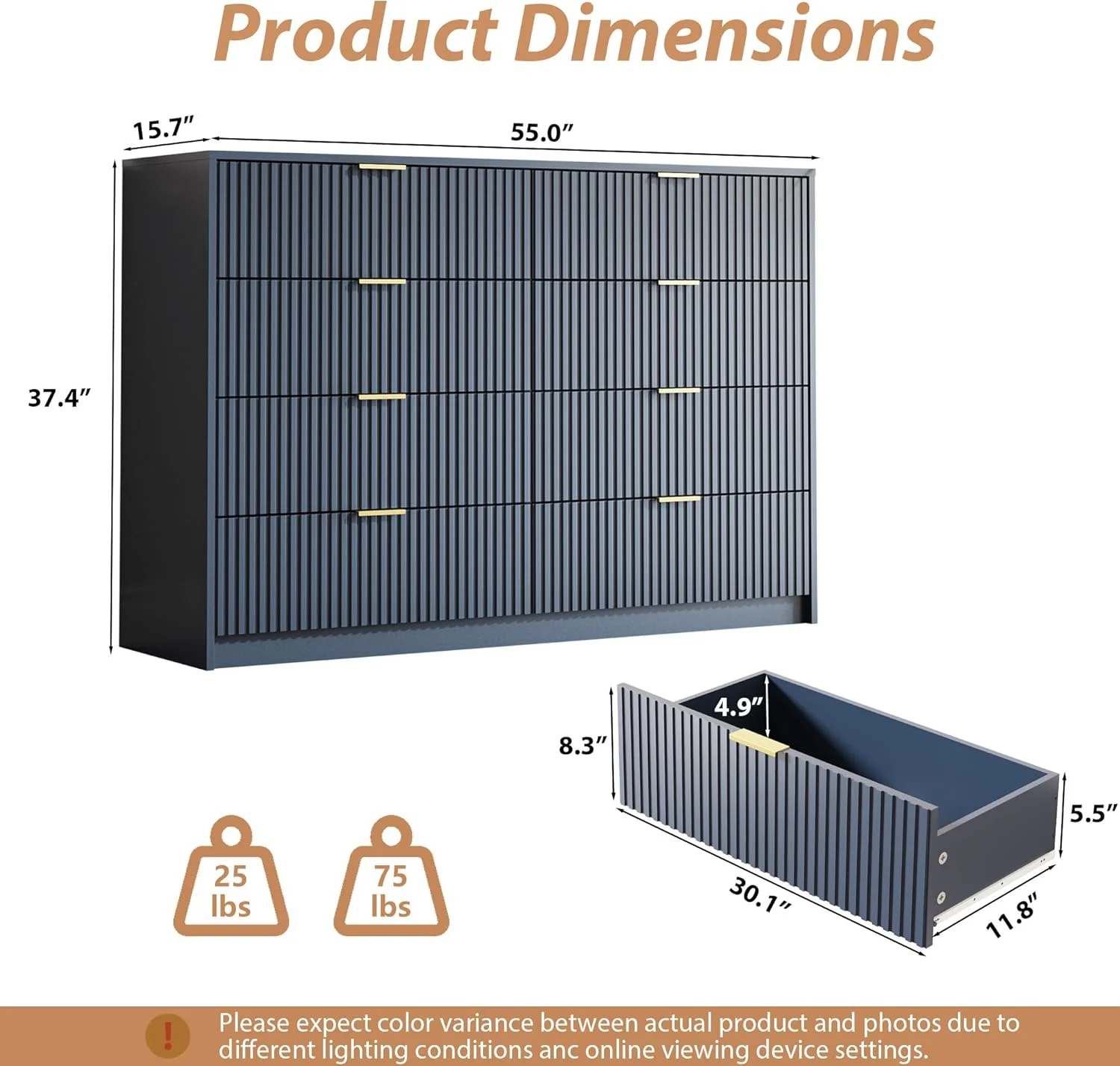 Furniway Black Dresser for Bedroom, 8 Drawer Double Dresser, Modern Chest of Drawers for Bedroom, Living Room, Entryway and Closet, 55" L x 15.7" D x 37.4" H - Image 42