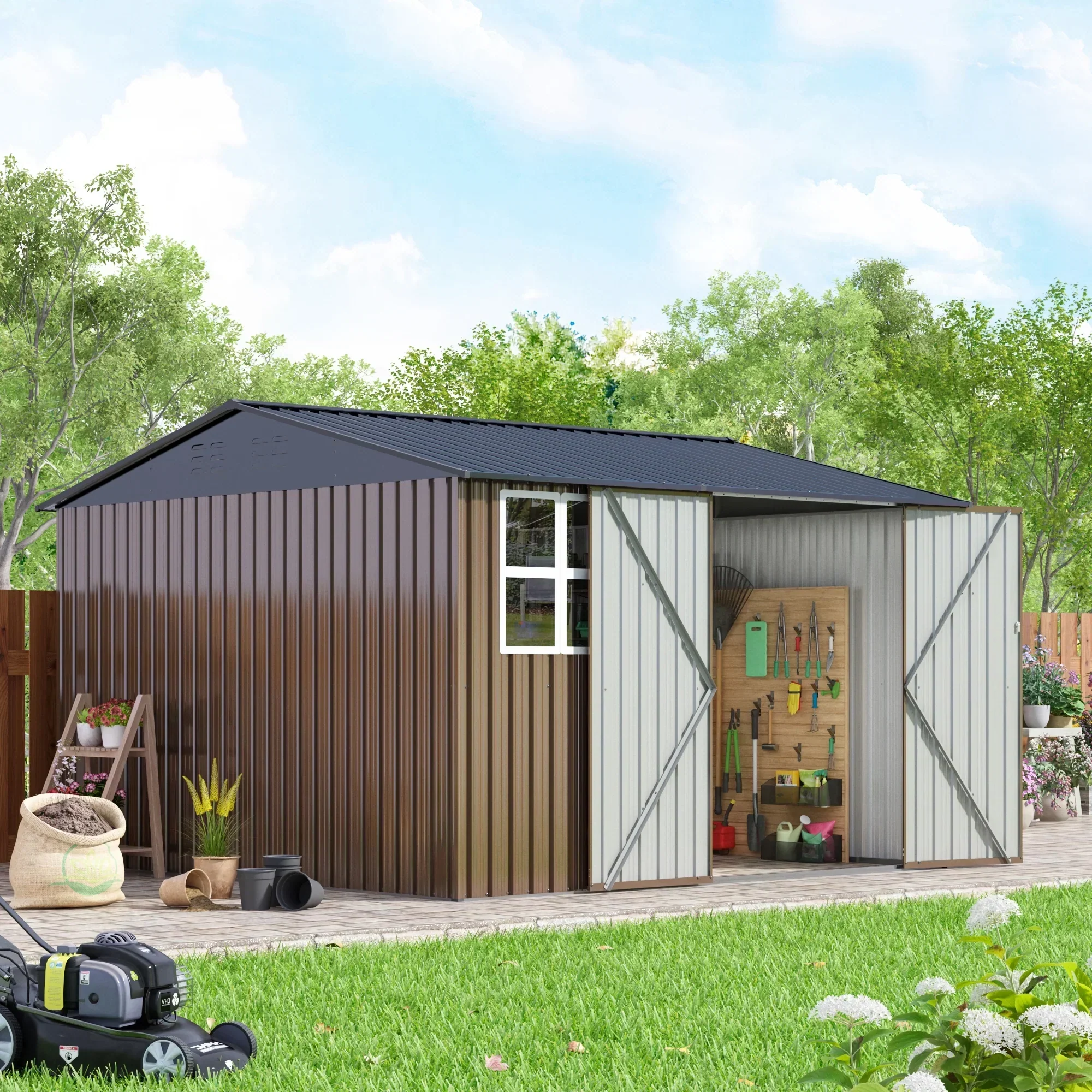 JAXPETY 10 x 10 ft Outdoor Metal Storage Shed With Window And Lockable Door - Brown - Image 13 JAXPETY 10 x 10 ft Outdoor Metal Storage Shed With Window And Lockable Door - Brown - Image 13