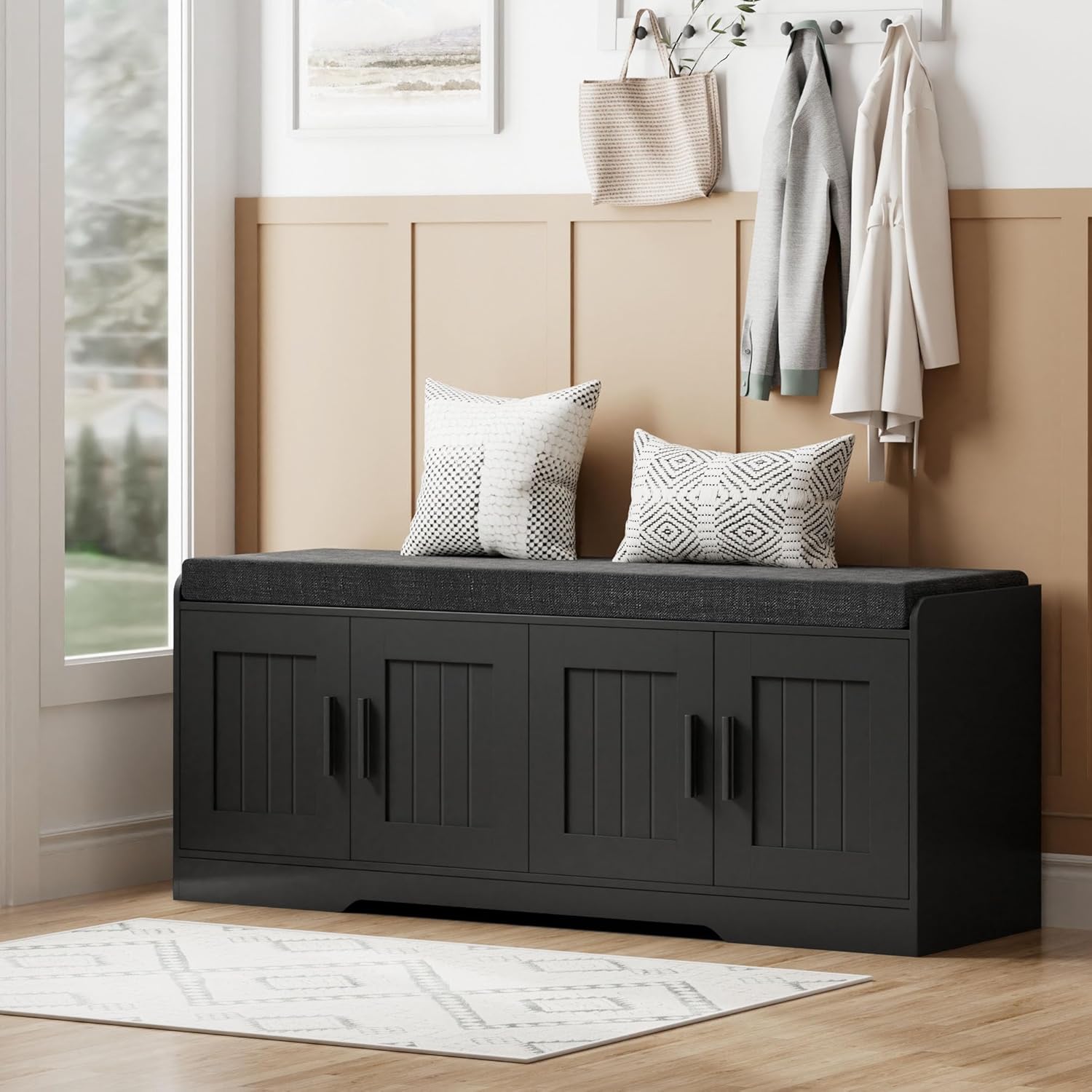 Homleke 2-Tier Storage Bench, Shoe Bench with Thickened Padded Seat Cushion, Entryway Bench with 4 Doors, Adjustable Shelf, 13.8