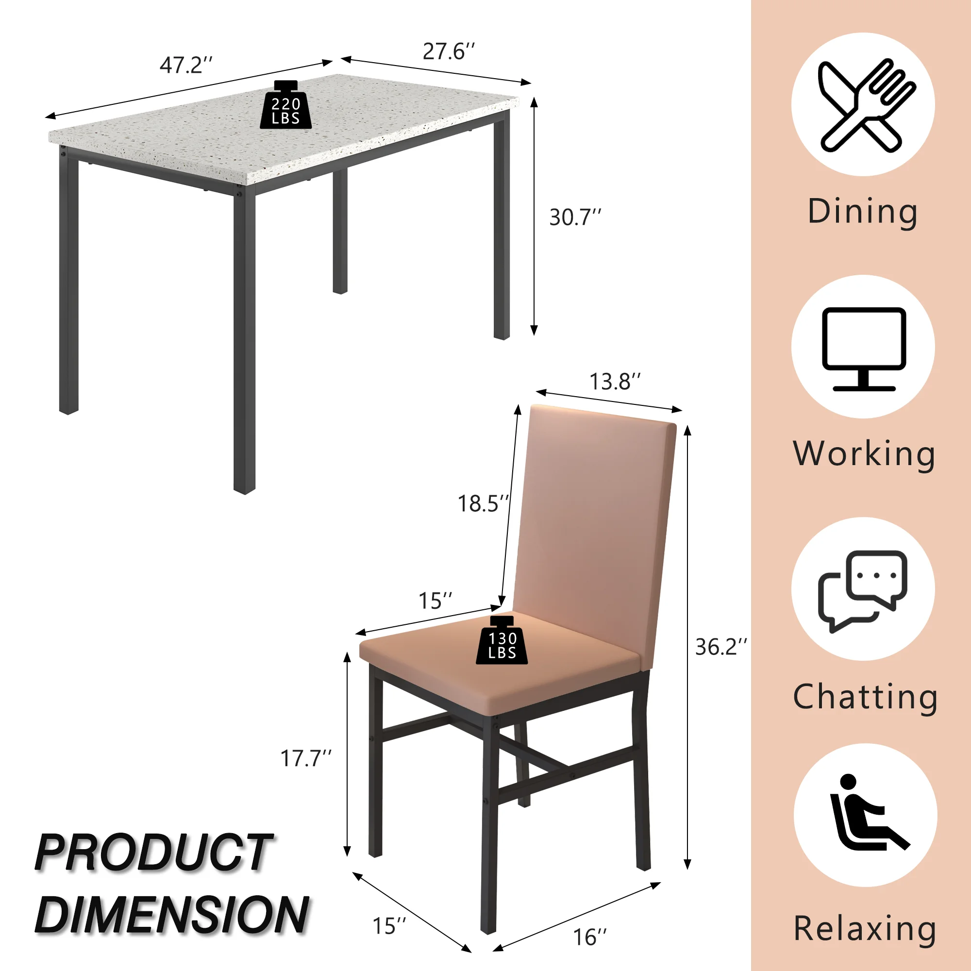 5 Piece Dining Set, Modern Dining Table and Chairs Set for 4, Counter Height Bar Table Set, Modern Pub Table with 4 Velvet Fabric Cushioned Stools, Faux Marble Dining Table & Stools Set, D9297 - Image 40
