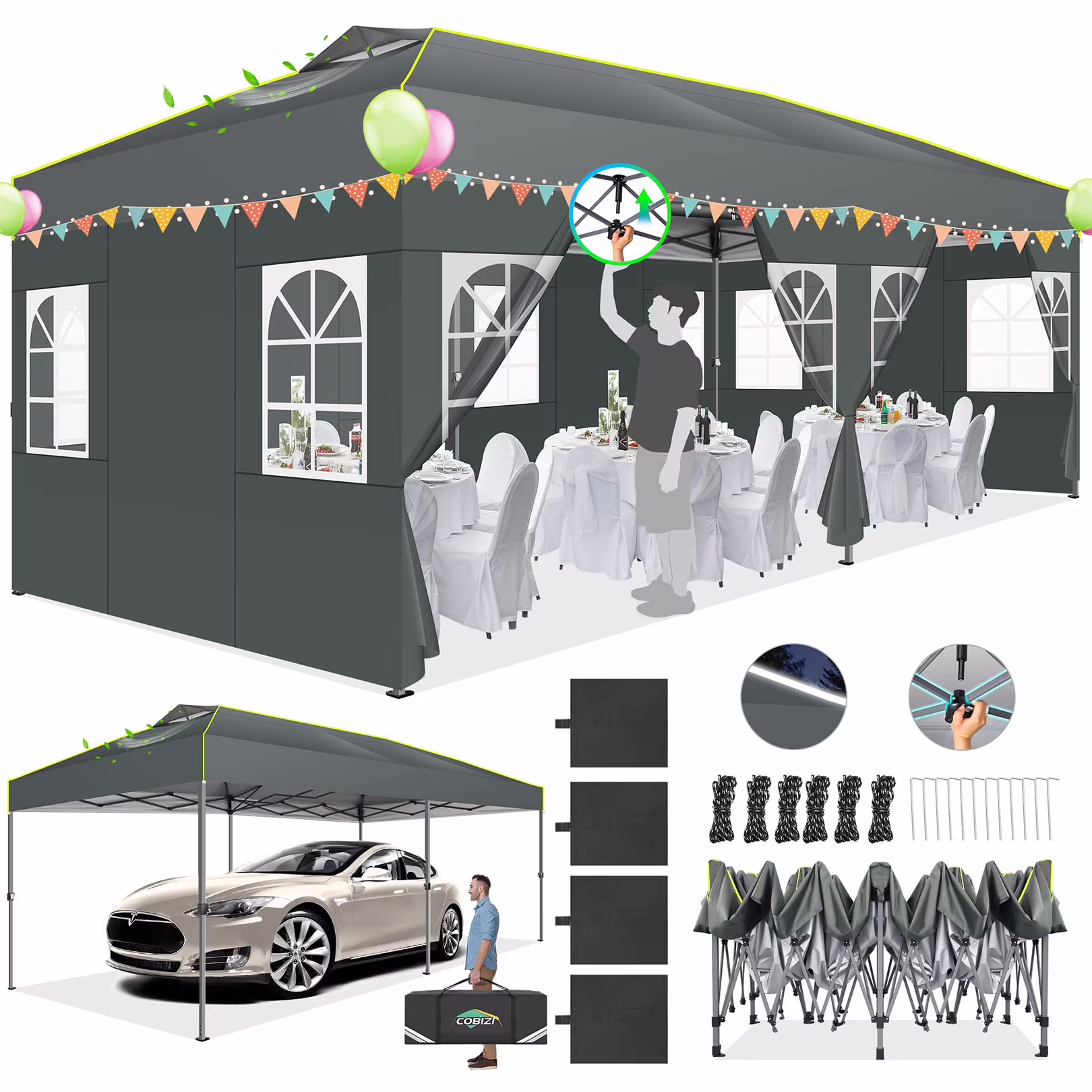 COBIZI 10x10 EZ Pop up Canopy Gazebo with Sidewalls,Pop up Canopy Tent Instant Shelter for Outdoor Party Camping Backyard Beach with Air Vent ,Carry Bag,Stakes,Ropes,Black - Image 6