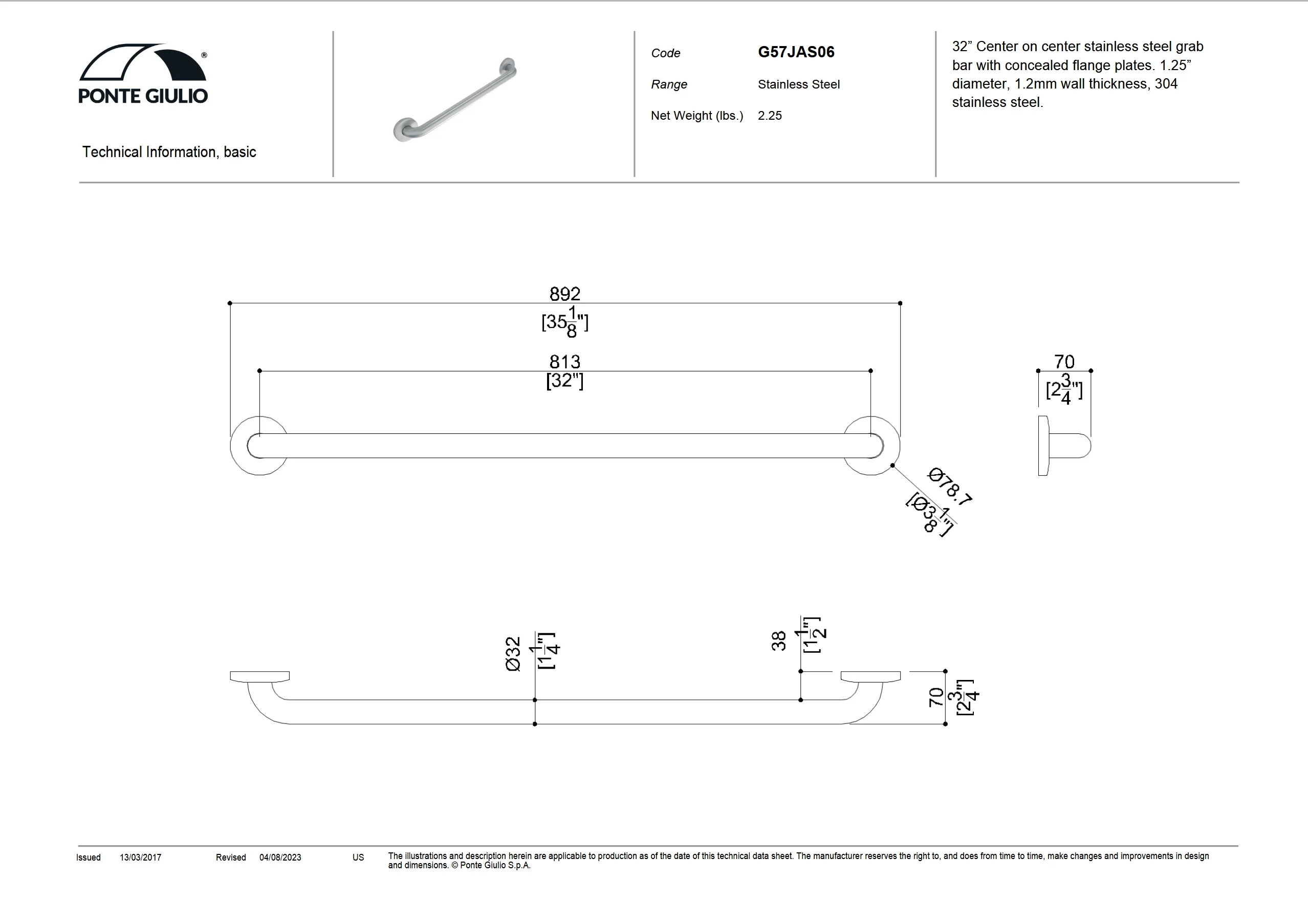 32 Inch Stainless Steel Toilet Grab Rails for Elderly - Brushed Satin or Polished Finish - Abilene Artificial Limb