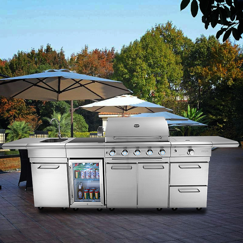 Premium Korean Style Silver Outdoor Kitchen Gas BBQ Grill Stainless Steel 5+1 Burner Electronic Ignition Non-Stick Surface