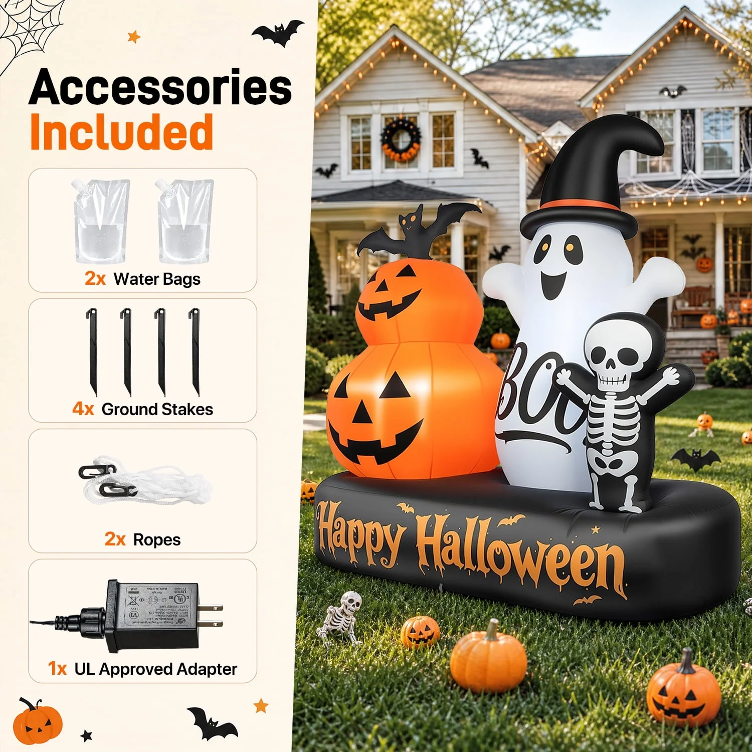 6ft Halloween Inflatable Outdoor Decorations, Lighted Pumpkin Ghost Skeleton with Bat, Built-in LED Lights, Blow Up Halloween Yard Decoration for Lawn, Porch & Party - Image 9 6ft Halloween Inflatable Outdoor Decorations, Lighted Pumpkin Ghost Skeleton with Bat, Built-in LED Lights, Blow Up Halloween Yard Decoration for Lawn, Porch & Party - Image 9