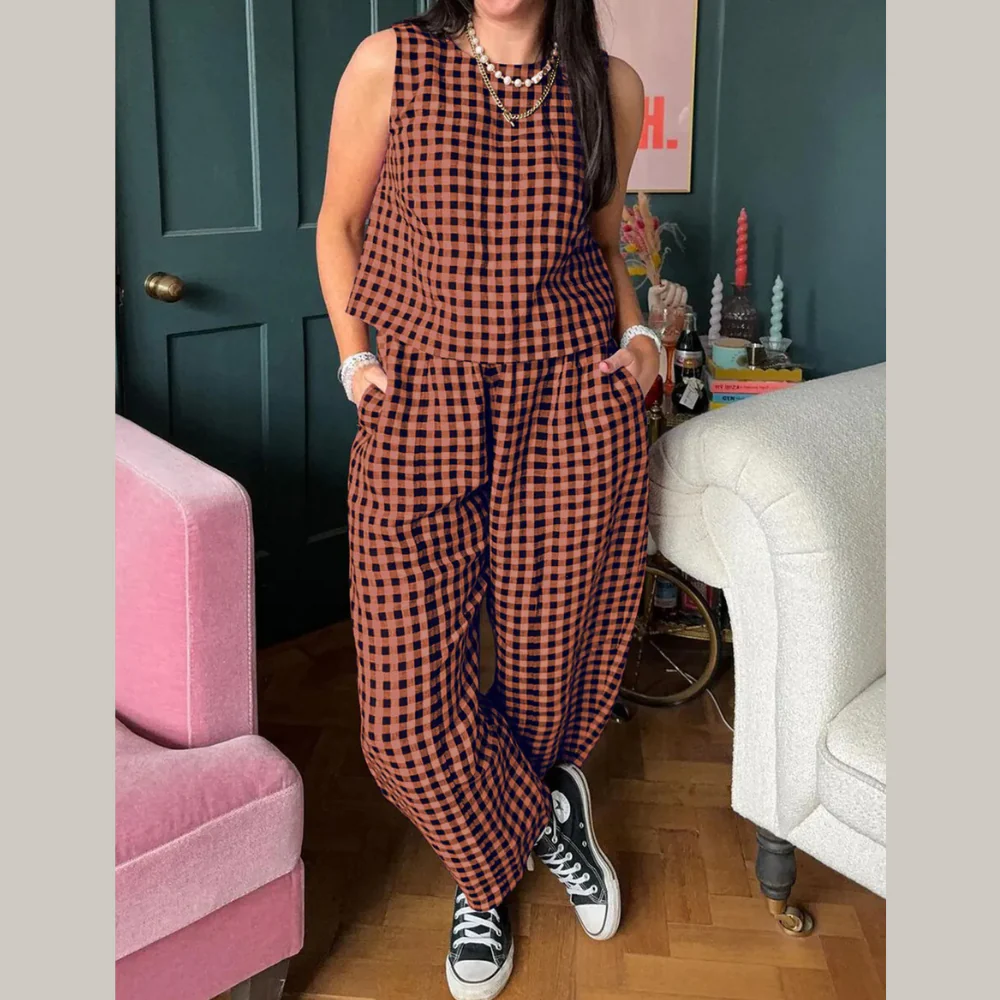 Lovelet Plaid Round Neck Sleeveless Top and Pants Set - ZKZOOK