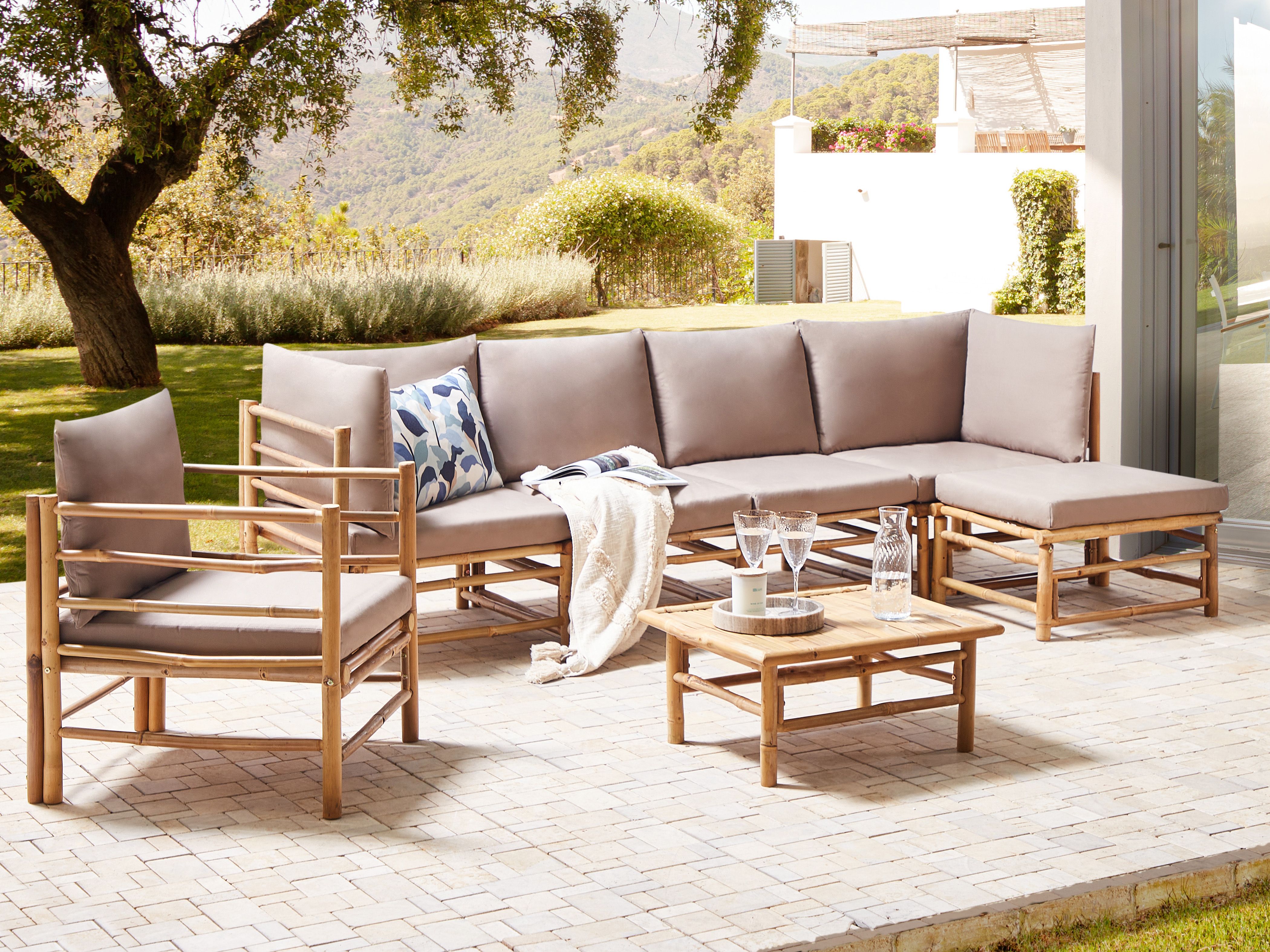Garden Lounge Set with Table 6 Seater CERRETO Left Hand Bamboo Taupe