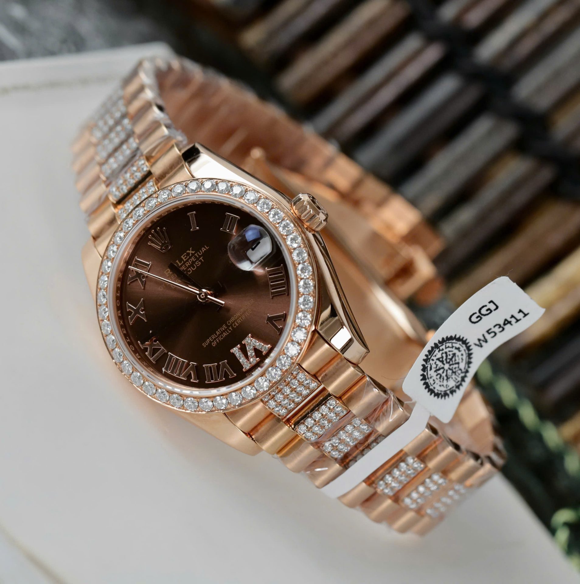 Rolex DateJust Women Dial Chocolate Copies Watches Custom Moissanite Diamonds + 18K Gold Wrapped 31mm - Elite Watch Atelier