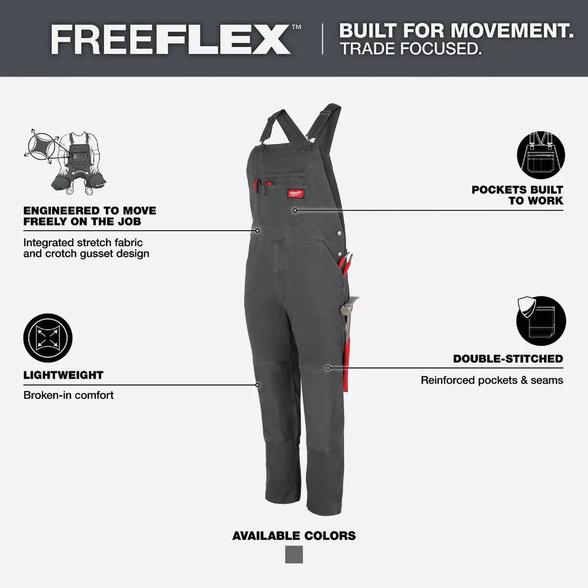 Milwaukee FREEFLEX Men's 32x34 Gray Unlined Bib Overalls