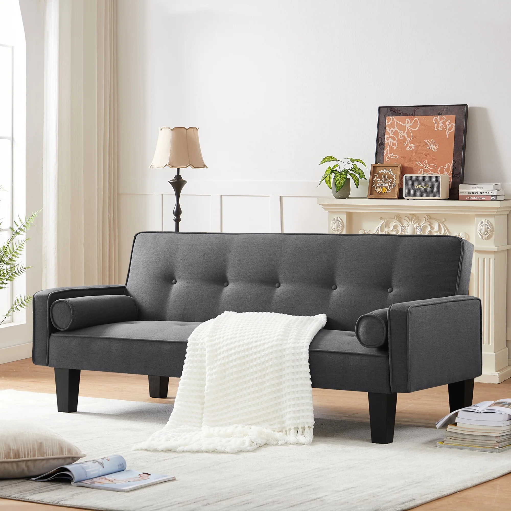 Convertible Futon Sofa Bed,Gray Upholstered Futon Couch Fabric Sleeper Sofa for Living Room Apartment - Image 6