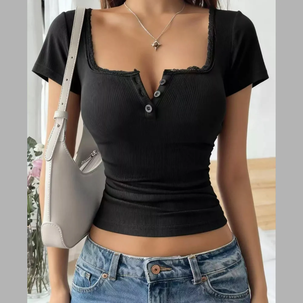 Full Size Lace Trim Short Sleeve Slim Fit Top Plus Size - ZKZOOK