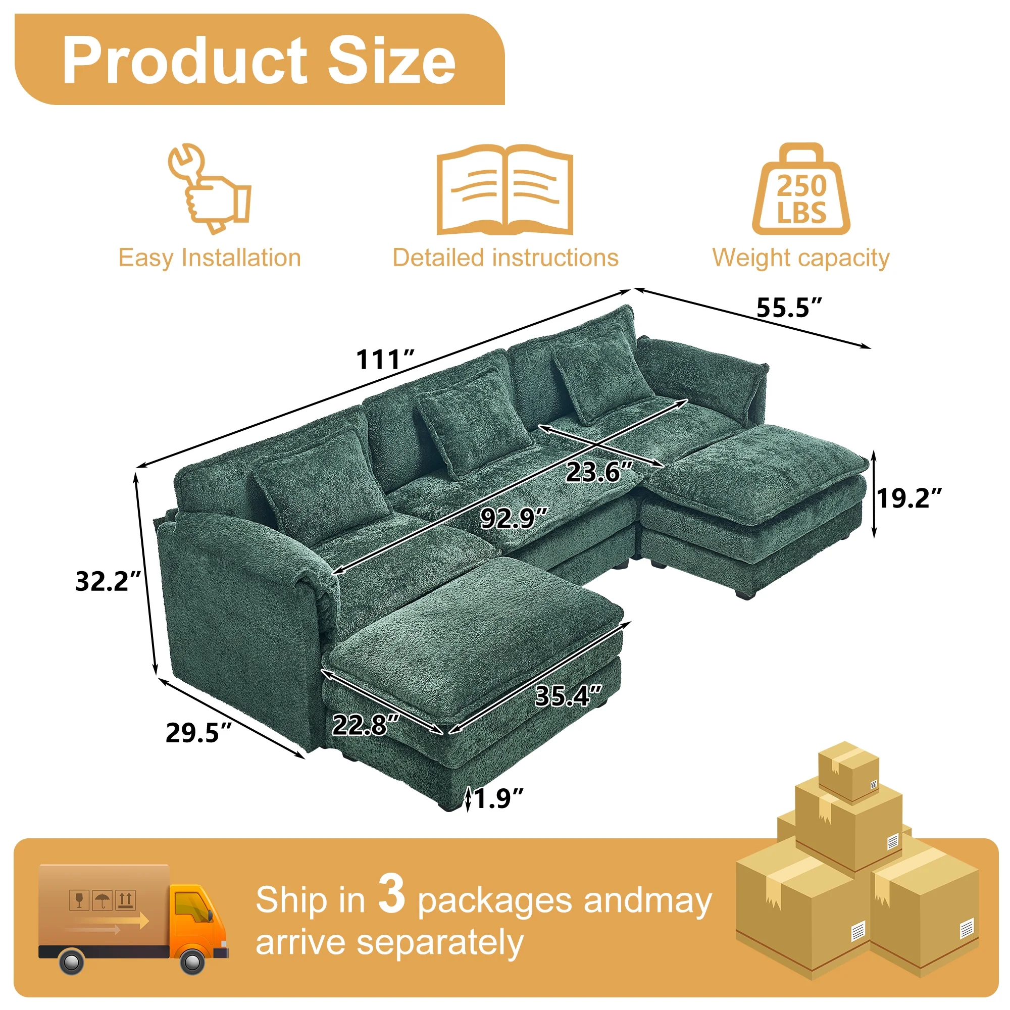 GNIXUU 112" Oversized Sectional Sofa Cloud Couch for Living Room, Modern Chenille L Shaped Couch, Comfy Boucle Modular Sofa Sleeper with Moveable Ottoman & Memory Foam (Green) - Image 19