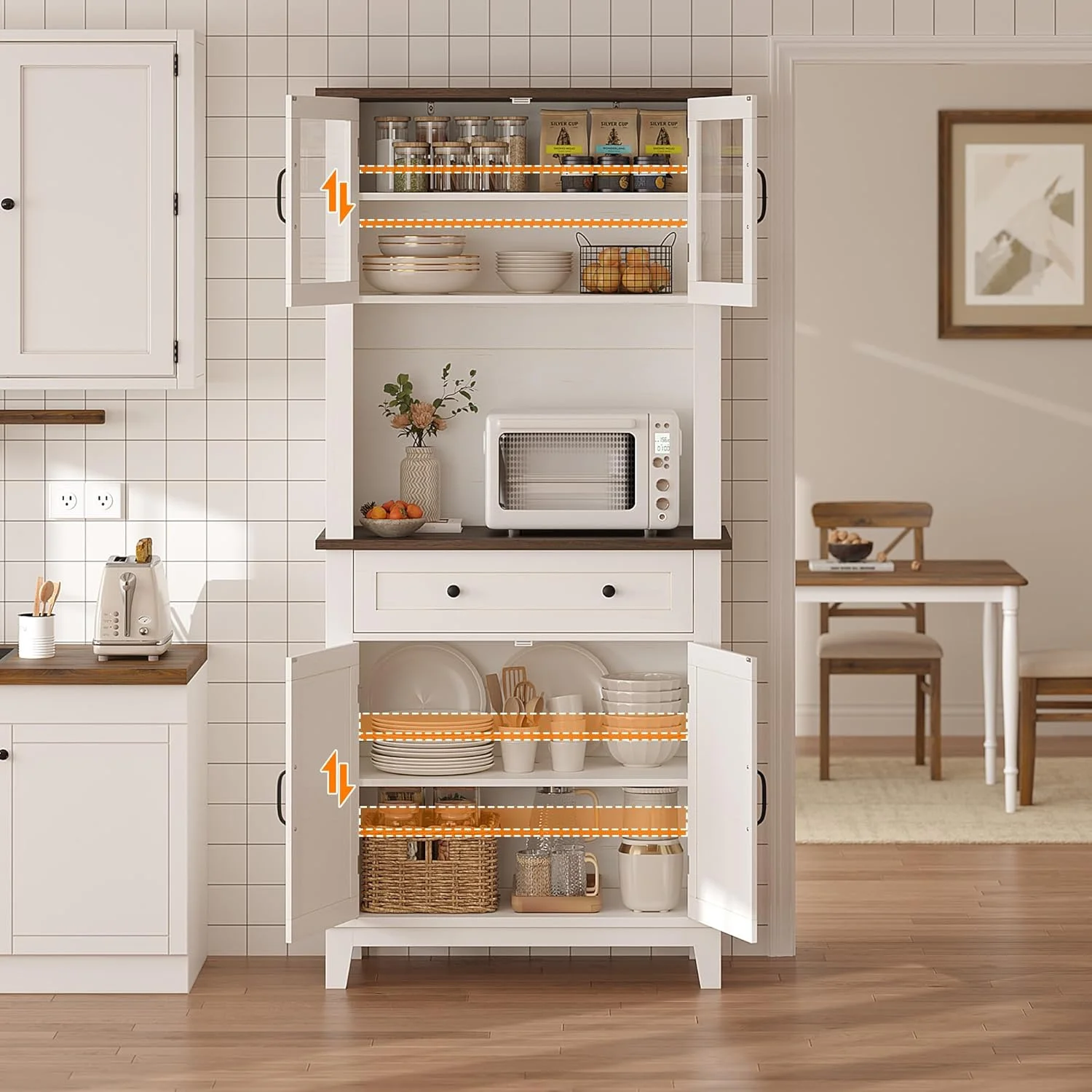 72" White Farmhouse Coffee Bar Cabinet with Storage Drawers & Glass Doors - Kitchen Storage Buffet for Dining Room, Beverage Organizer - Image 4