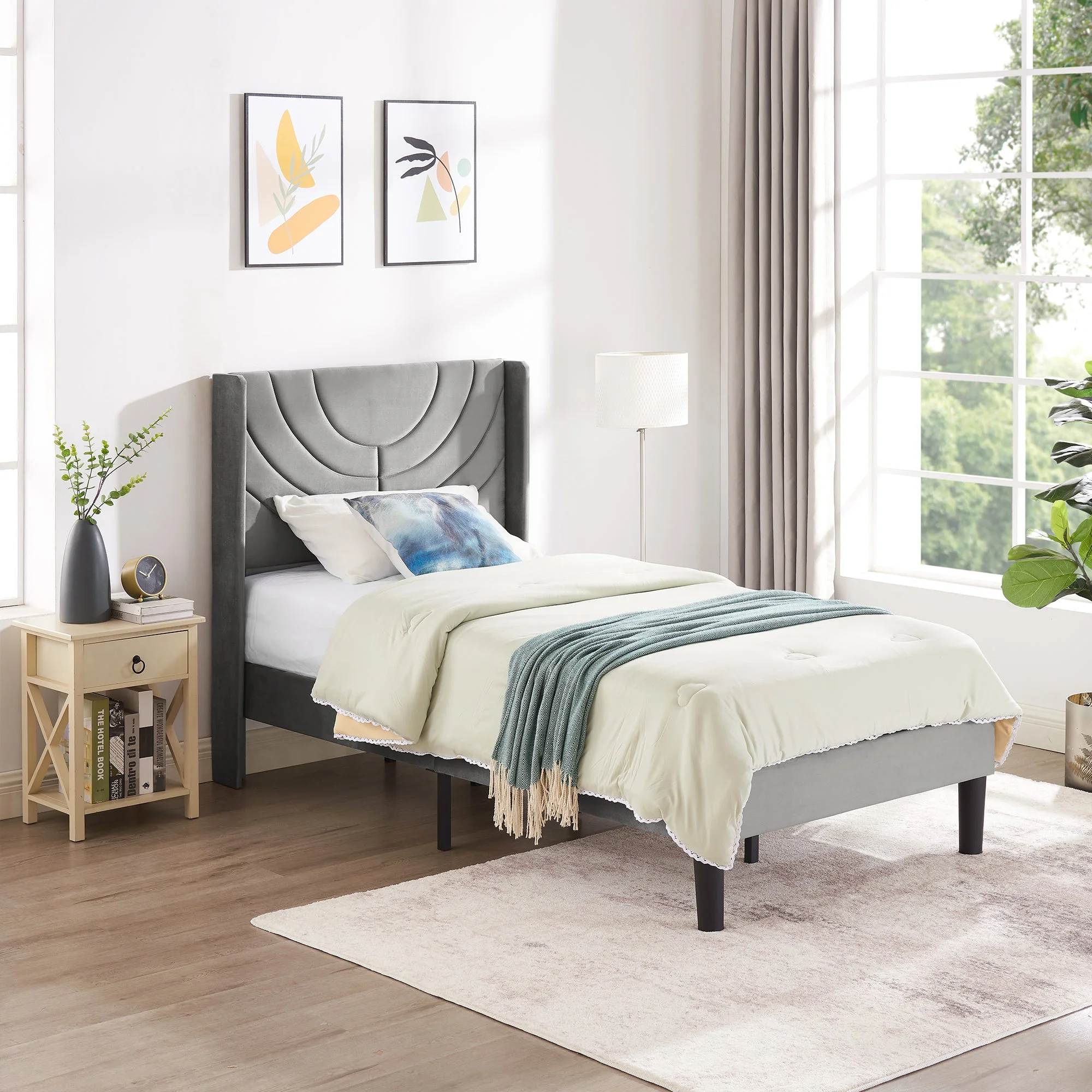 VECELO Set of 2 Twin Bed Frames, Modern Upholstered Platform Bed Frame with Tufted Headboard, No Box Spring Needed, Dark Green - Image 13