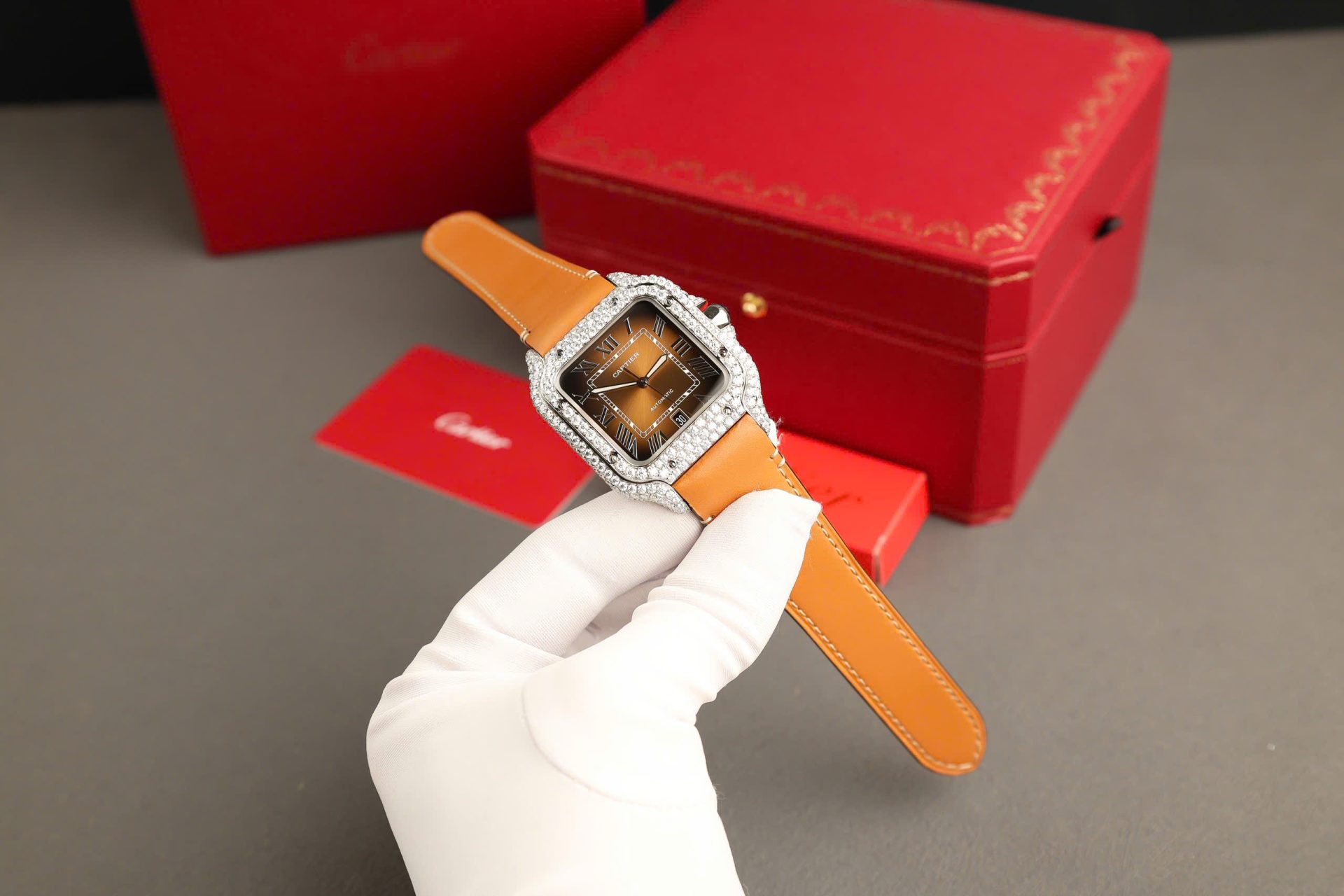 Cartier Santos Dial Brown Replica Watches Custom Diamonds Moissanite BV Factory 39.8mm - Elite Watch Atelier