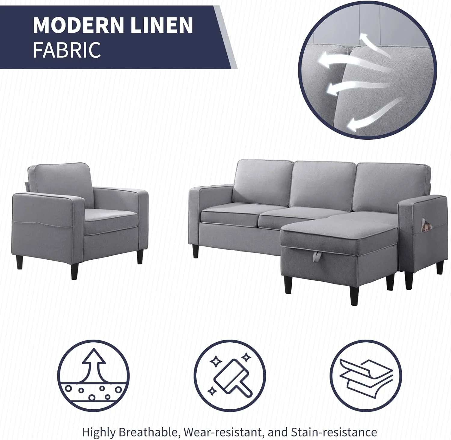 ijuicy Sectional Sofa Set,3PCS Living Room Furniture Couch Sets with Movable Storage Ottoman & Side Pockets,Include Sofa,Loveseat&Chair,Dark Gray - Image 15