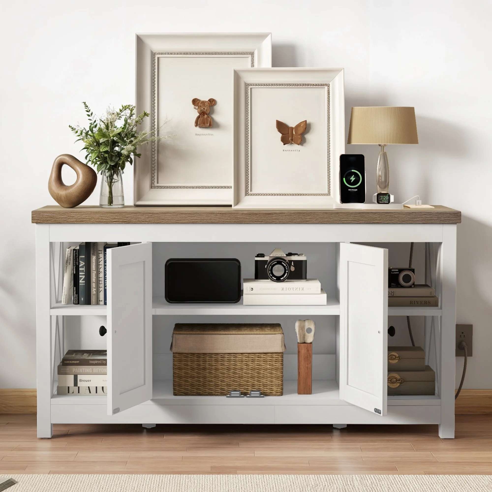 DWVO Farmhouse TV Stand with Built in Power Outlet, Entertainment Center with Storage, Wood TV Media Console for Living Room, White