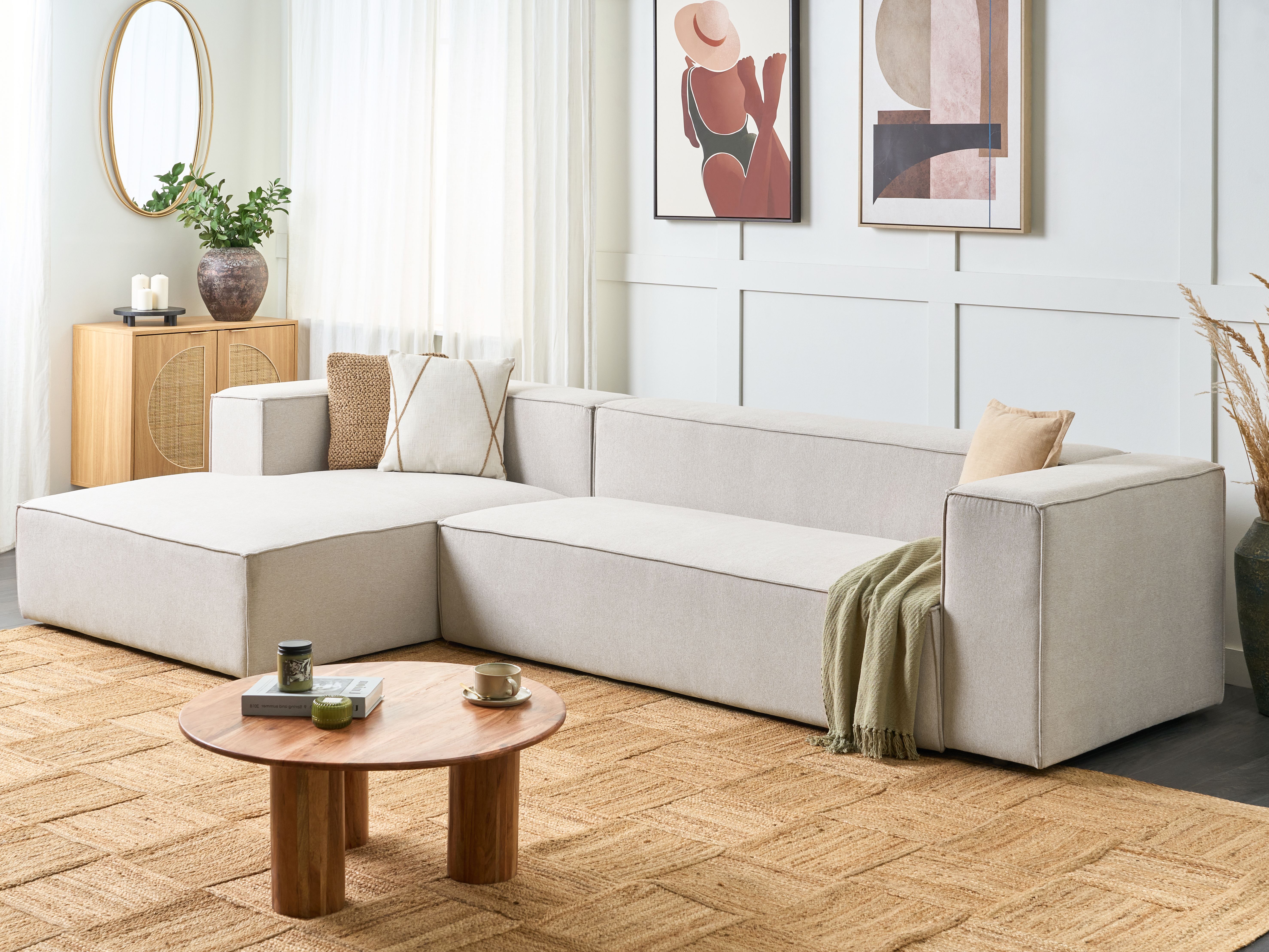 Corner Sofa 3 Seater VERNON Fabric Light Beige Right Hand