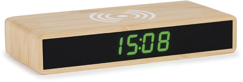 Atlanta Modern Digital Alarm Clock 16x3x7.5 cm Bambus/Plastic • Induktive Ladefunktion • Dimmbares LED-Display