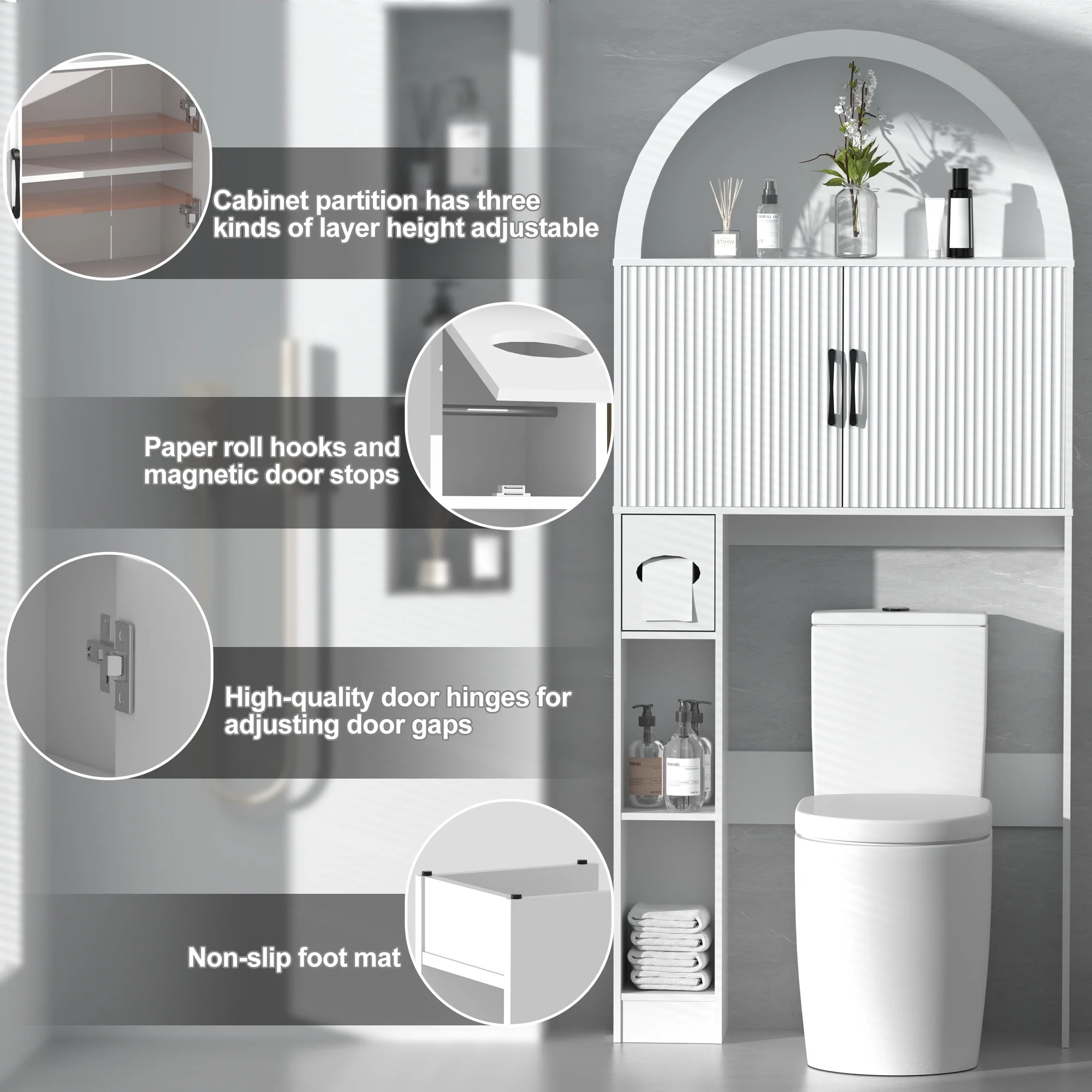 HARIPUL Over The Toilet Storage Cabinet w/ Unique Wood Grain & Arc Design, Freestanding Bathroom Shelf Organizer Space Saver w/ Doors & Anti-Tip Device, Wood Color - Image 32