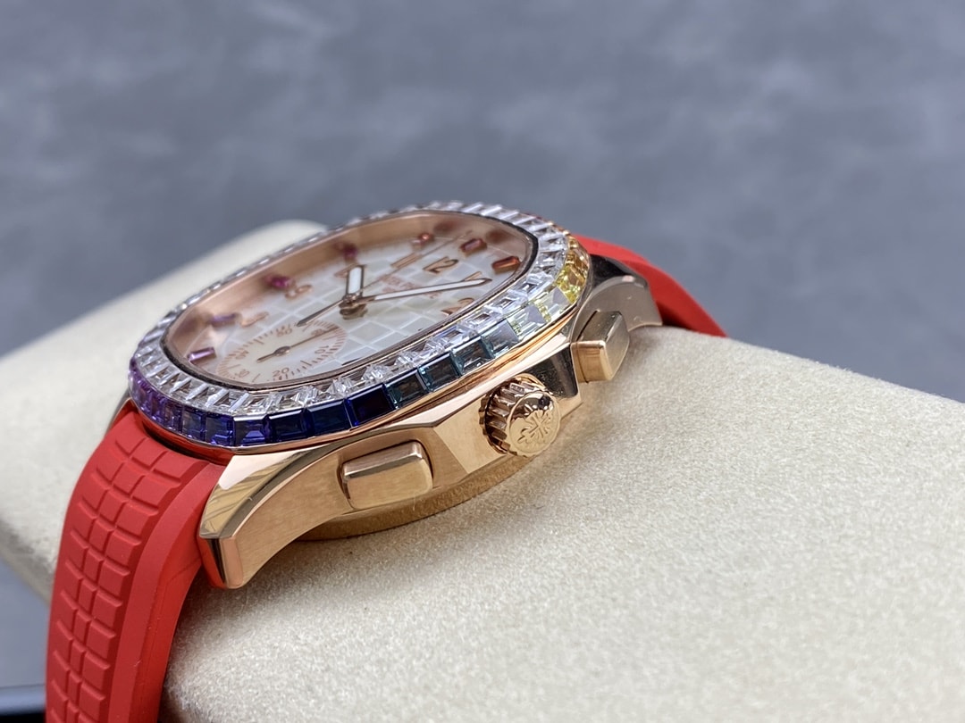 Fake Patek Philippe Replica Watch Aquanaut Luce Rainbow Chronograph Rose Gold Diamond/Gems Mother of Pearl Sapphire 7968/300R-001(1:1 replica) - Top club