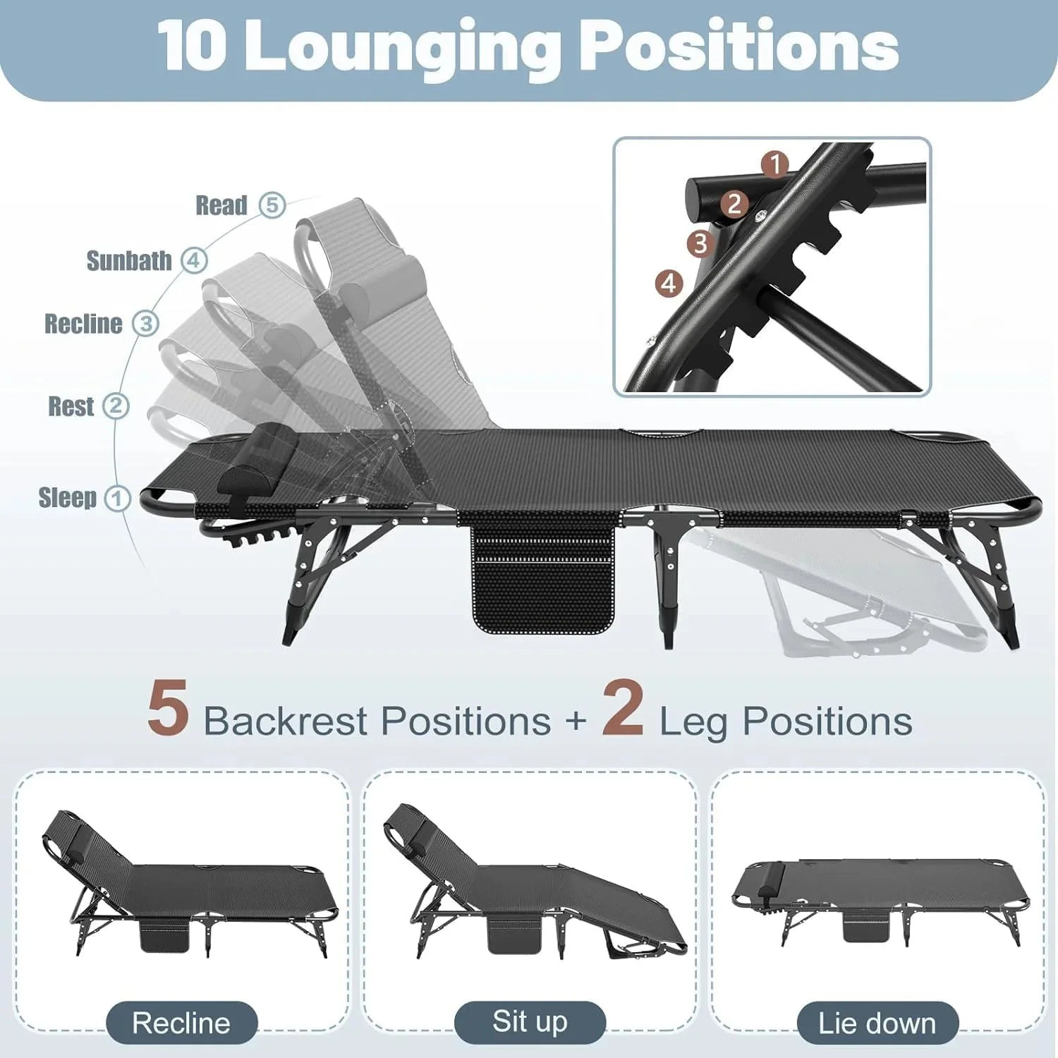 Slsy 5-Position Adjustable Folding Lounge Chair And Cot - 75.2" x 25.6" x 11.8" - Image 30 Slsy 5-Position Adjustable Folding Lounge Chair And Cot - 75.2" x 25.6" x 11.8" - Image 30