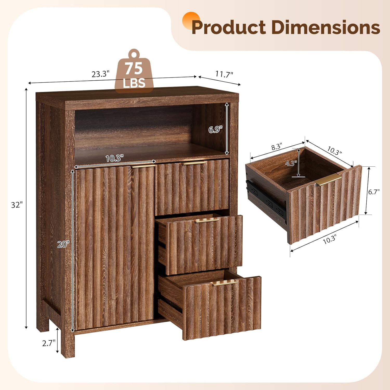 VINGLI Bathroom Floor Storage Cabinet with 3 Drawers, Modern 32