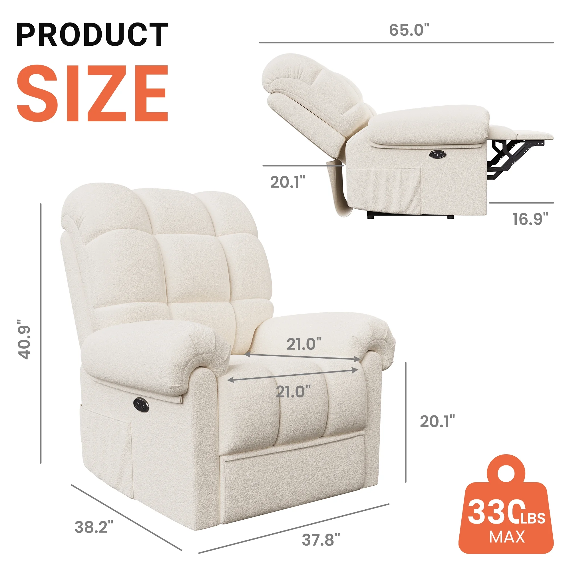 Power Recliner Chair,Electric Recline Sofa Chair for Adults with USB Port,Comfy Teddy Fleece Adjustable Cloud Sofa,Tool-Free Setup,Beige White - Image 9