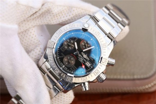 Replica Breitling Avenger II Chronograph 43mm SS GF Black Dial SS Bracelet A7750 - Elite Watch Atelier