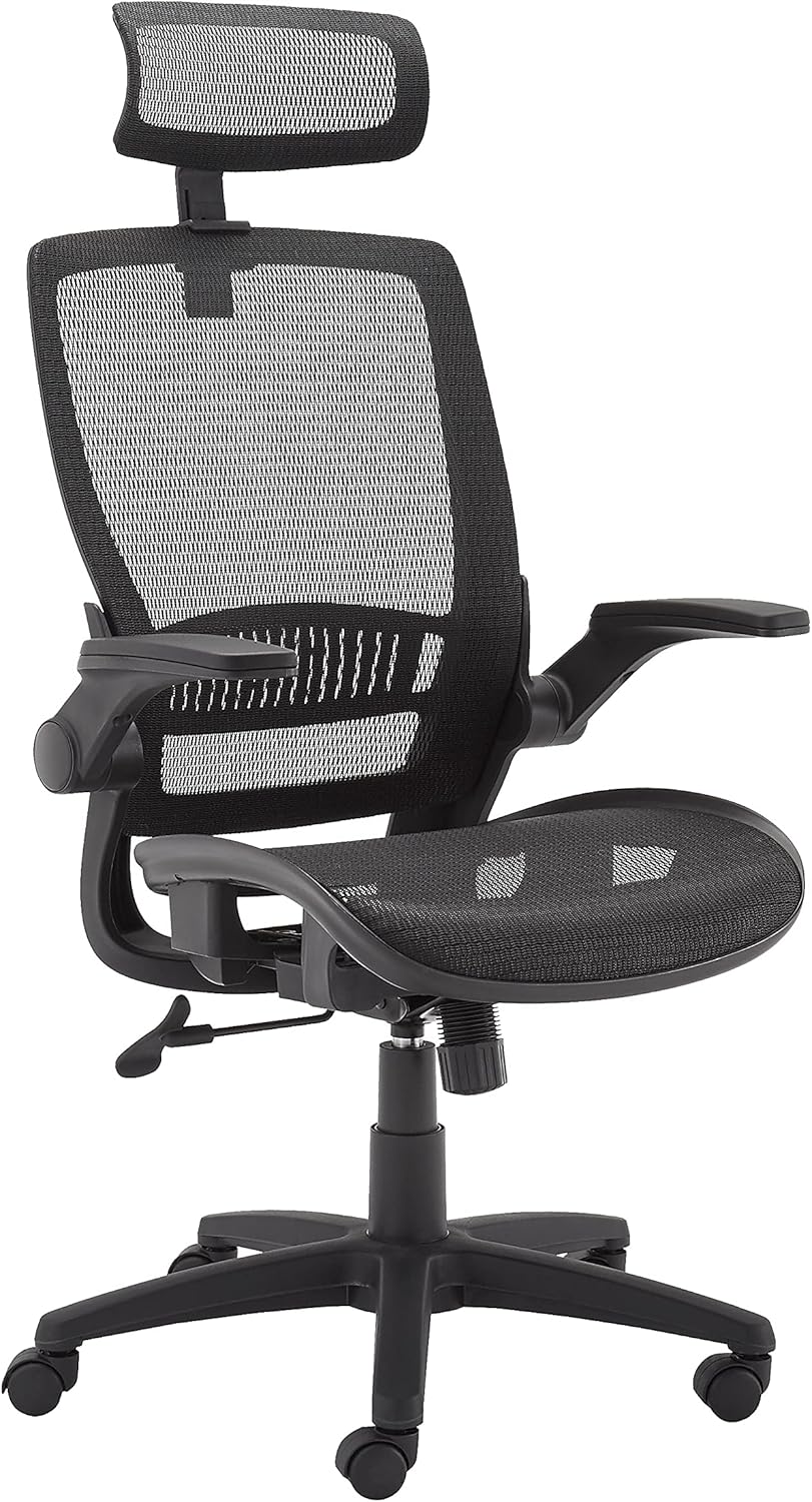 Amazon Basics Ergonomic High-Back Office Chair, Breathable Mesh, 360° Swivel, Easy to Assemble, Comfortable Flip-Up Armrests, 25.5
