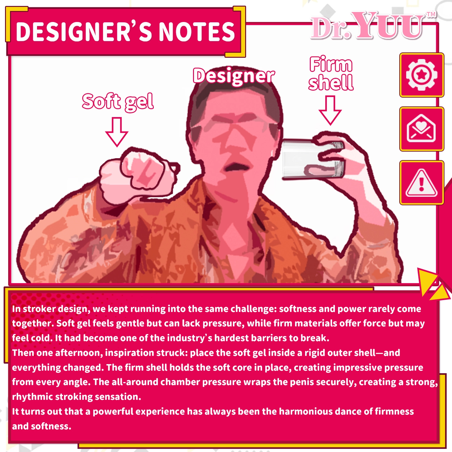 Dr.YUU dual layer electric male masturbator design concept showing firm shell soft sleeve strong motor and magnetic charging