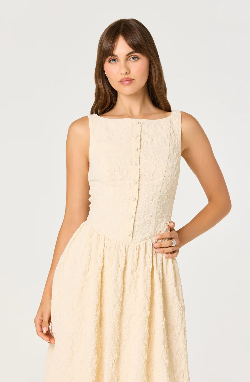 Button Front Boat Neck Midi Dress
