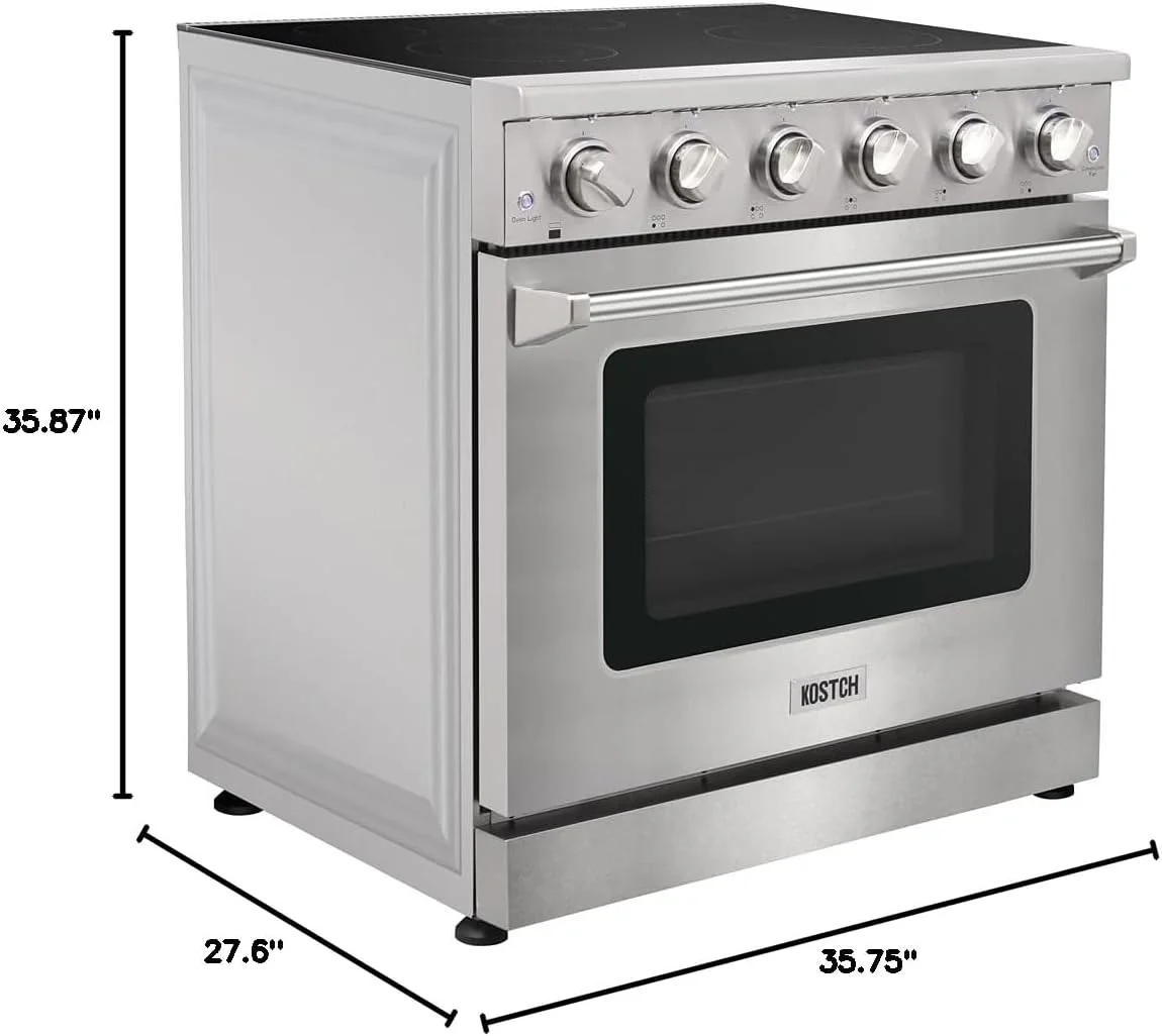 KOSTCH 36 inch Electric Range, 5-Burner Cooktop with 6.0 cu ft Convection Oven, Glass Top, in Stainless Steel