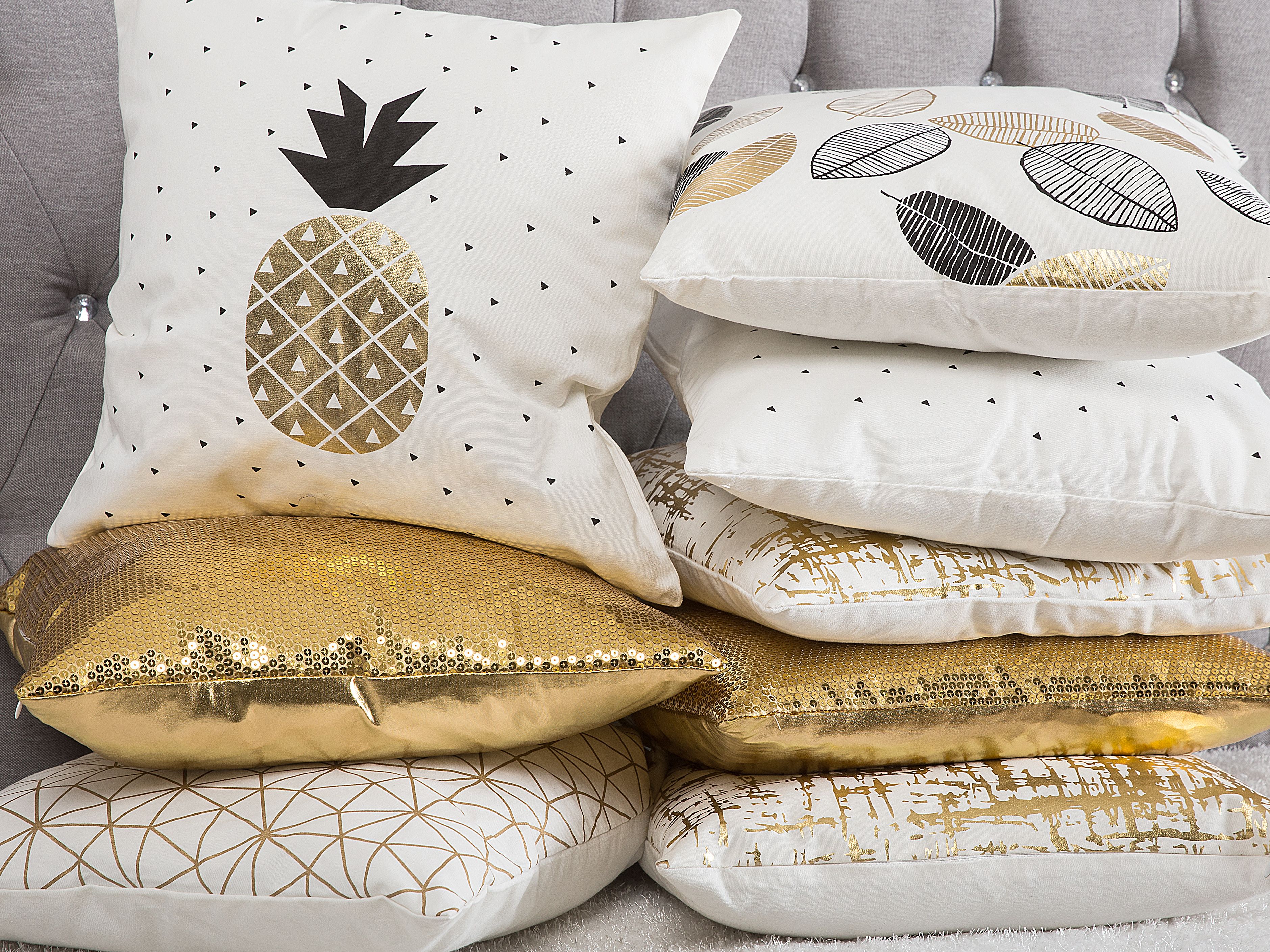Set of 2 Decorative Cushions YASMIN Cotton 45 x 45 cm White Gold Black Plant Pattern