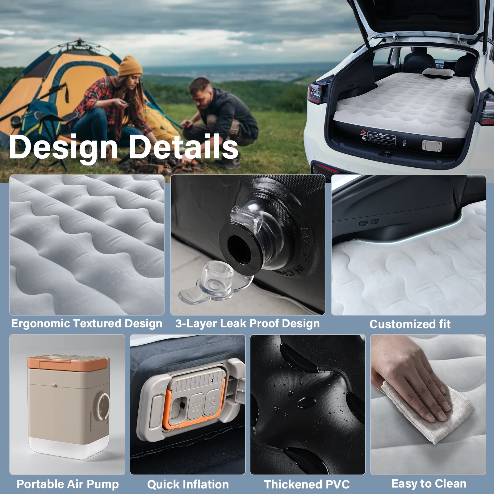 Coverado Car Air Mattress Custom Tesla Model Y 2021-2024, Inflatable Outdoor Camping Air Bed with Car Air Pump, Gray Thickened Flocking Air Bed - Image 8