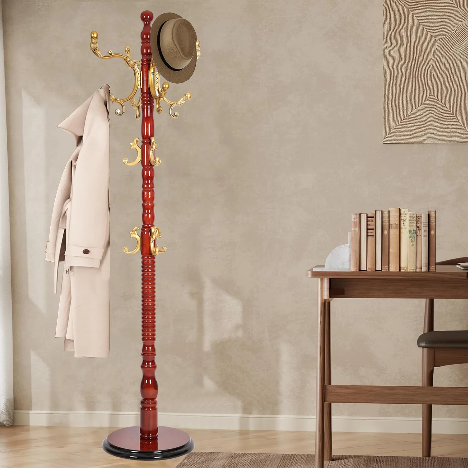 Coat Rack Freestanding, Hall Tree with 11 Hooks, Heavy Duty Wooden Coat Tree Stand, Adjustable Height, Sturdy Base for Bedroom Hallway Office - Load 270lbs - Image 23