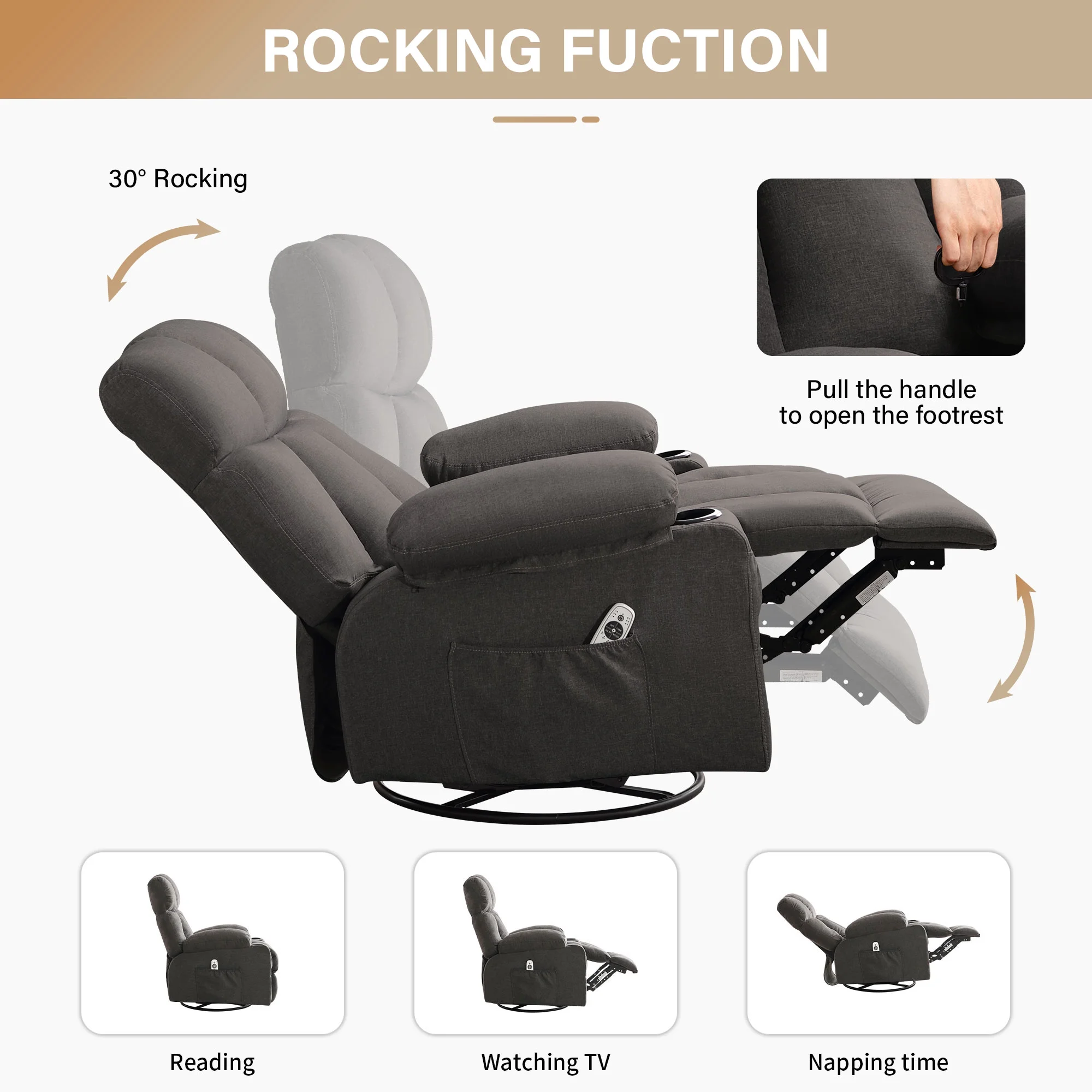 JONPONY Manual Recliner Chair with Heat Therapy and Massage Function, Heavy Duty Reclining Mechanism Massage Chair, Elderly Single Rocker Sofa with Cup Holders for Bedroom Home Theater,Grey - Image 68