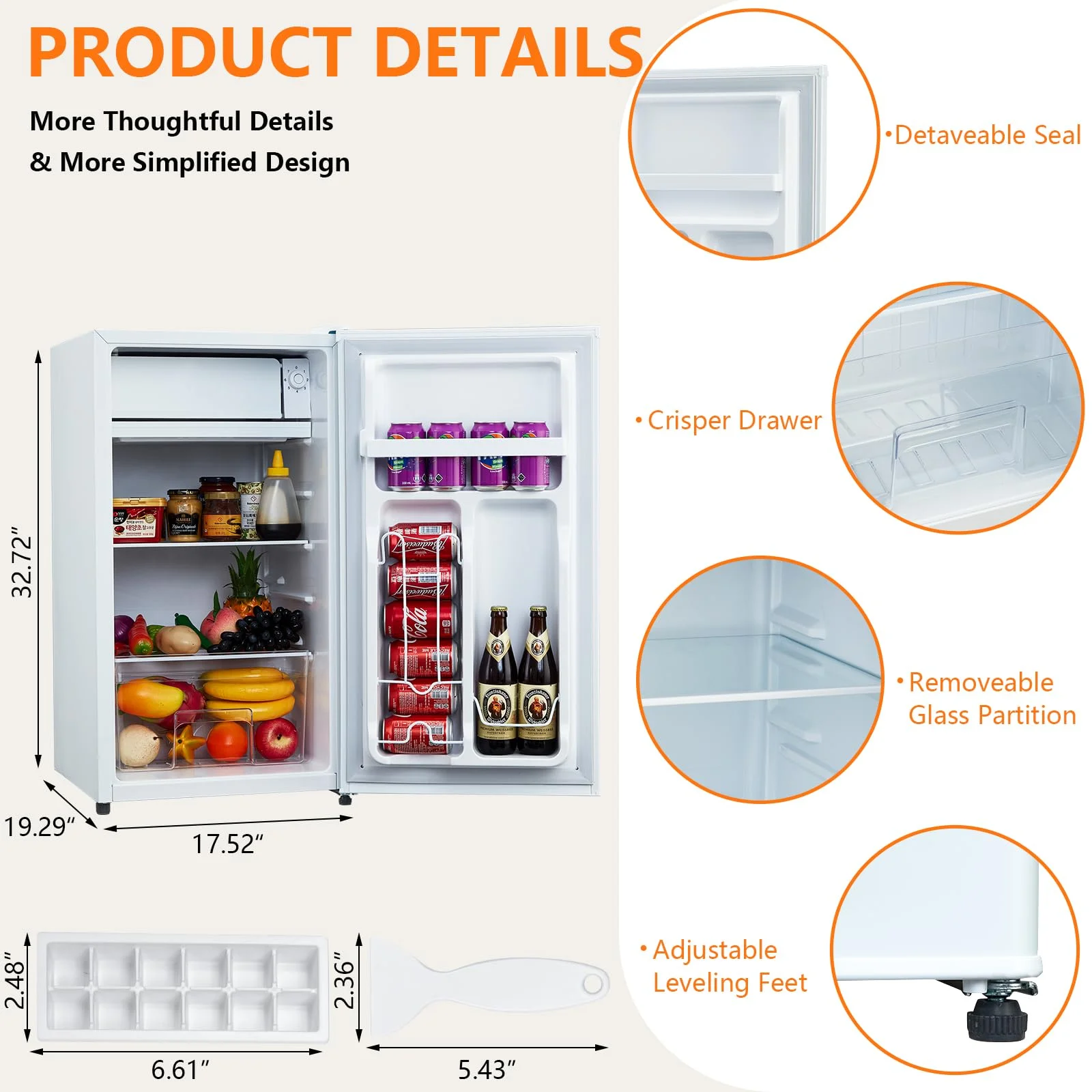 Mini Fridge with Freezer, 3.2 Cu.  Ft Small Refrigerator for Bedroom,7 Adjustable Thermostat,Low Noise,Easy to Storage&Clean Single Door,Refrigerator For Home, Office, Dorm, Garage or RV
