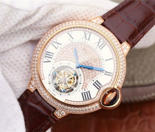 Replica Cartier Ballon Bleu de Cartier Tourbillon RG Paved Diamonds Leather Strap - Elite Watch Atelier