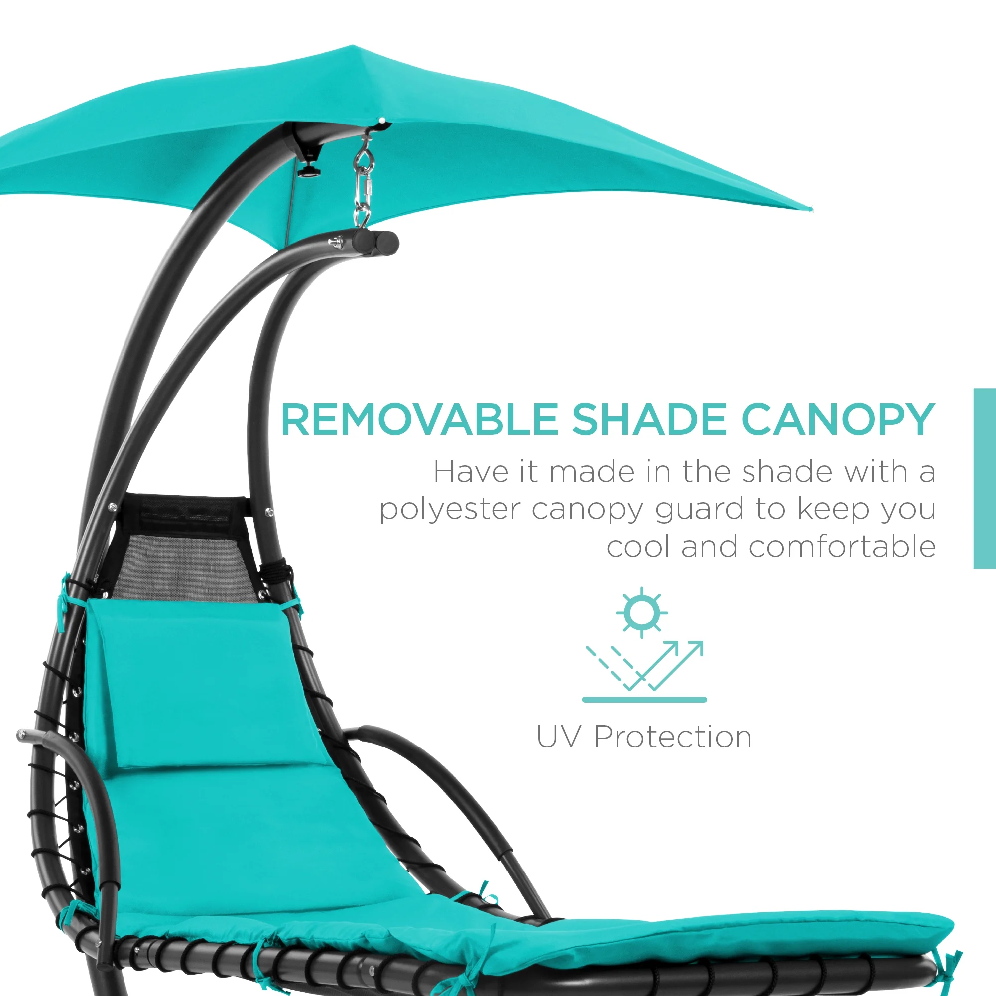 Best Choice Products Hanging Curved Chaise Lounge Chair Swing for Backyard, Patio w/ Pillow, Shade, Stand - Teal - Image 6