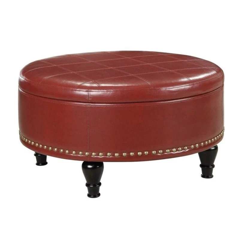 OSP Furniture Home Furnishings Augusta Round Storage Ottoman in Espresso Bonded Leather with Decorative Nailheads - Image 5