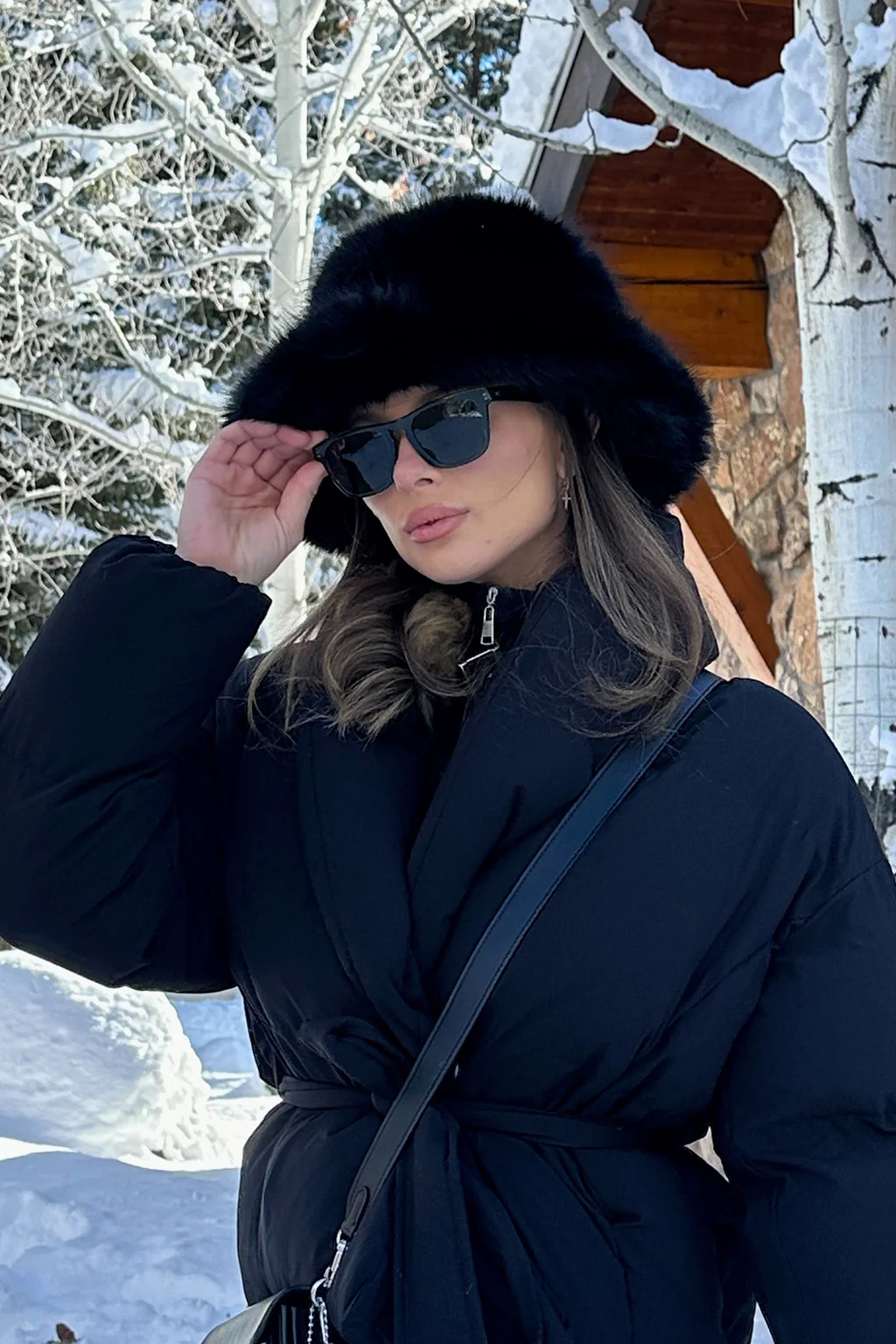 Bucket Down Black Faux Fur Hat
