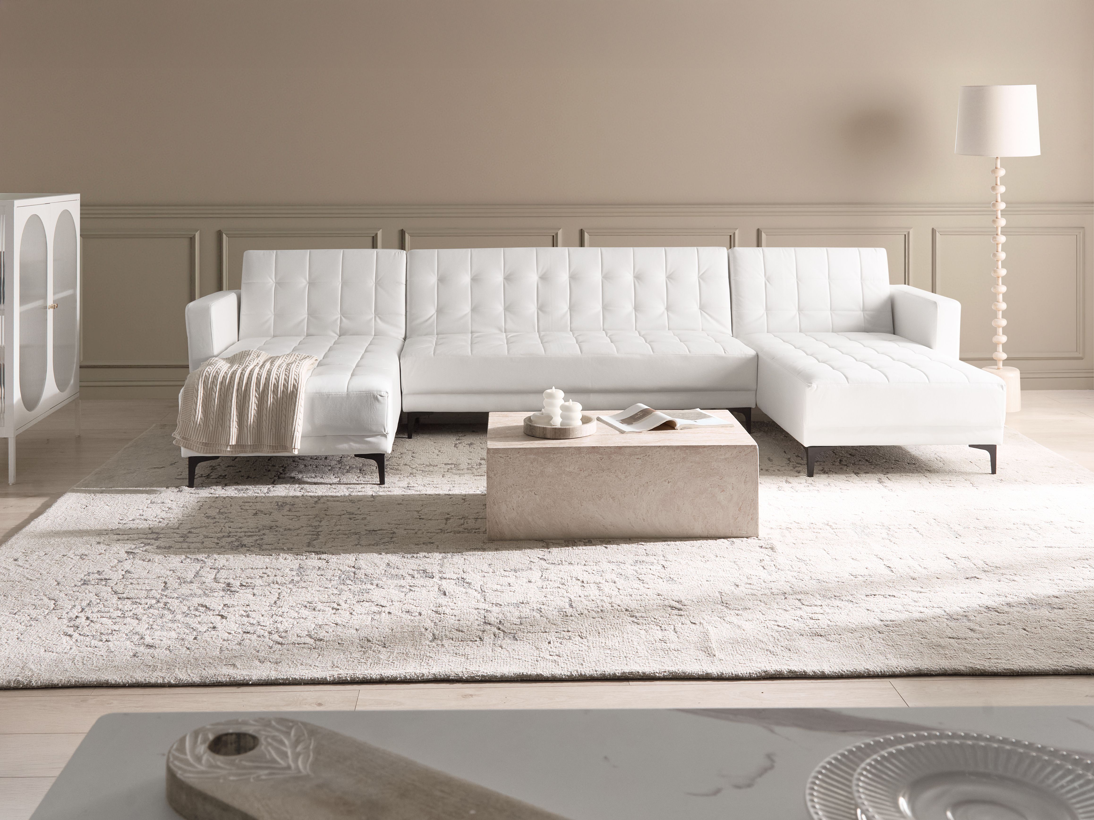 Modular U-Shape Sofa Bed 5 Seater ABERDEEN Faux Leather White